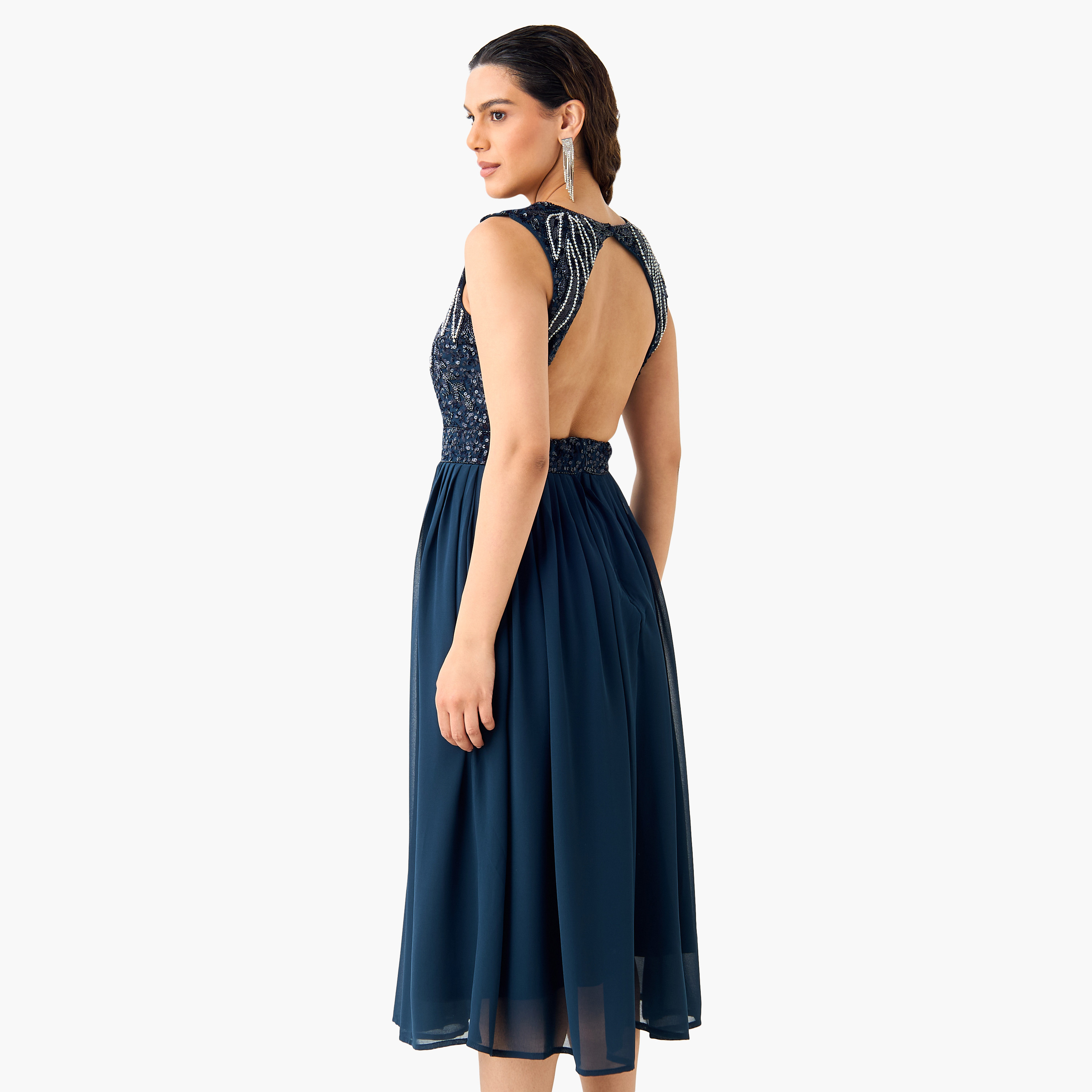 Lace & Beads Embellished Sleeveless Dress with Cutout Back-women-clothing-dresses-image-3
