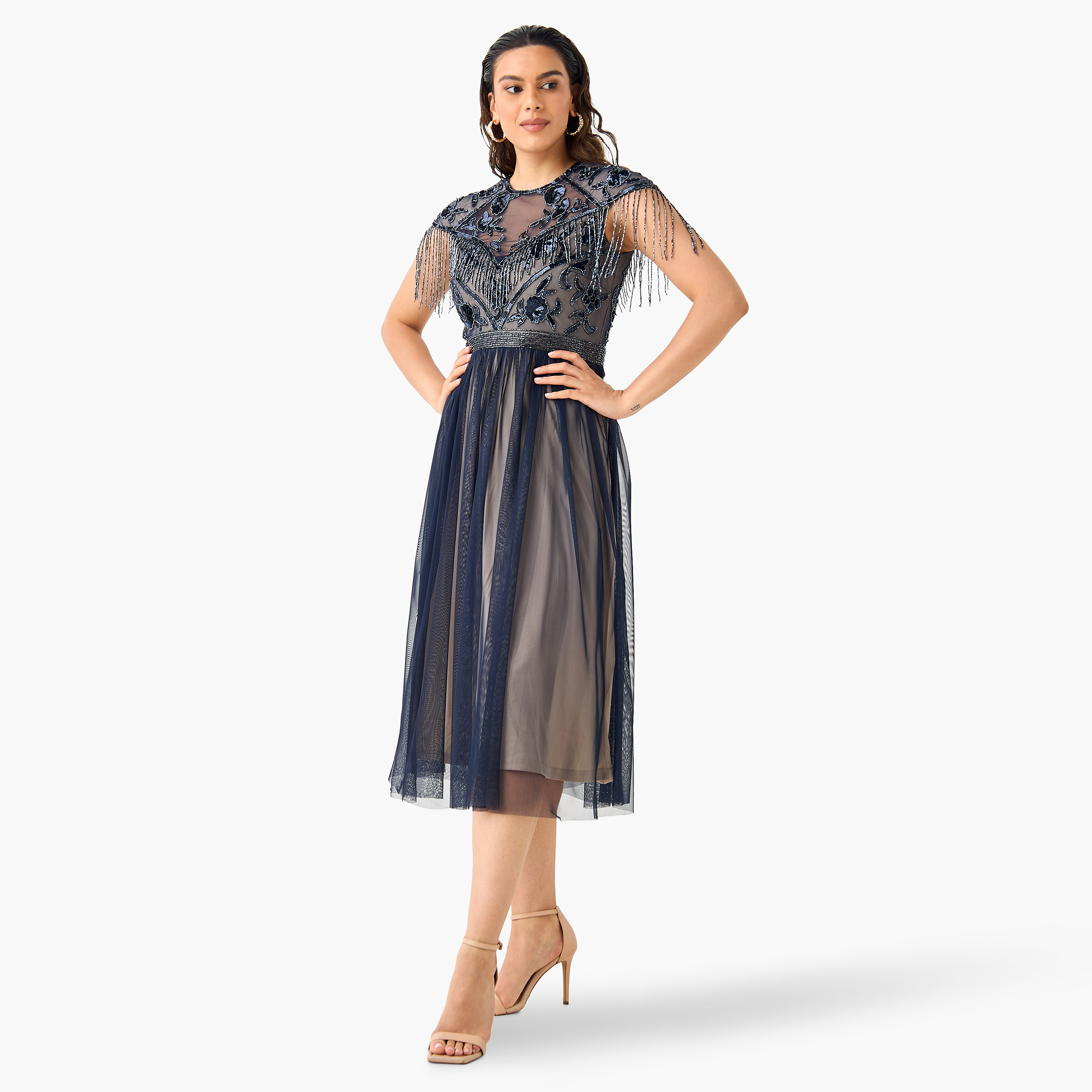 Lace & Beads Embellished Dress with Round Neck and Cap Sleeves-women-clothing-dresses-image-2