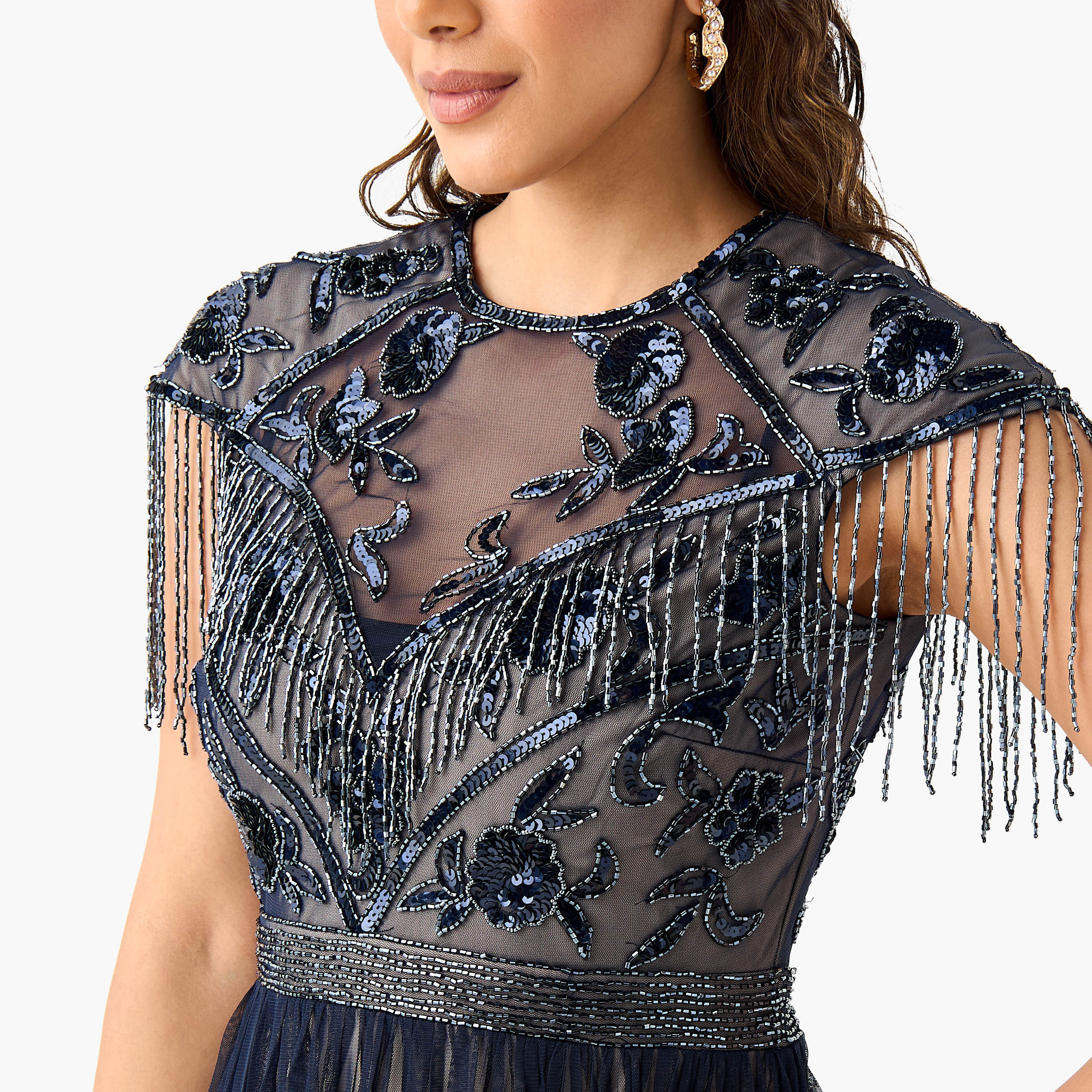 Lace & Beads Embellished Dress with Round Neck and Cap Sleeves-women-clothing-dresses-image-4