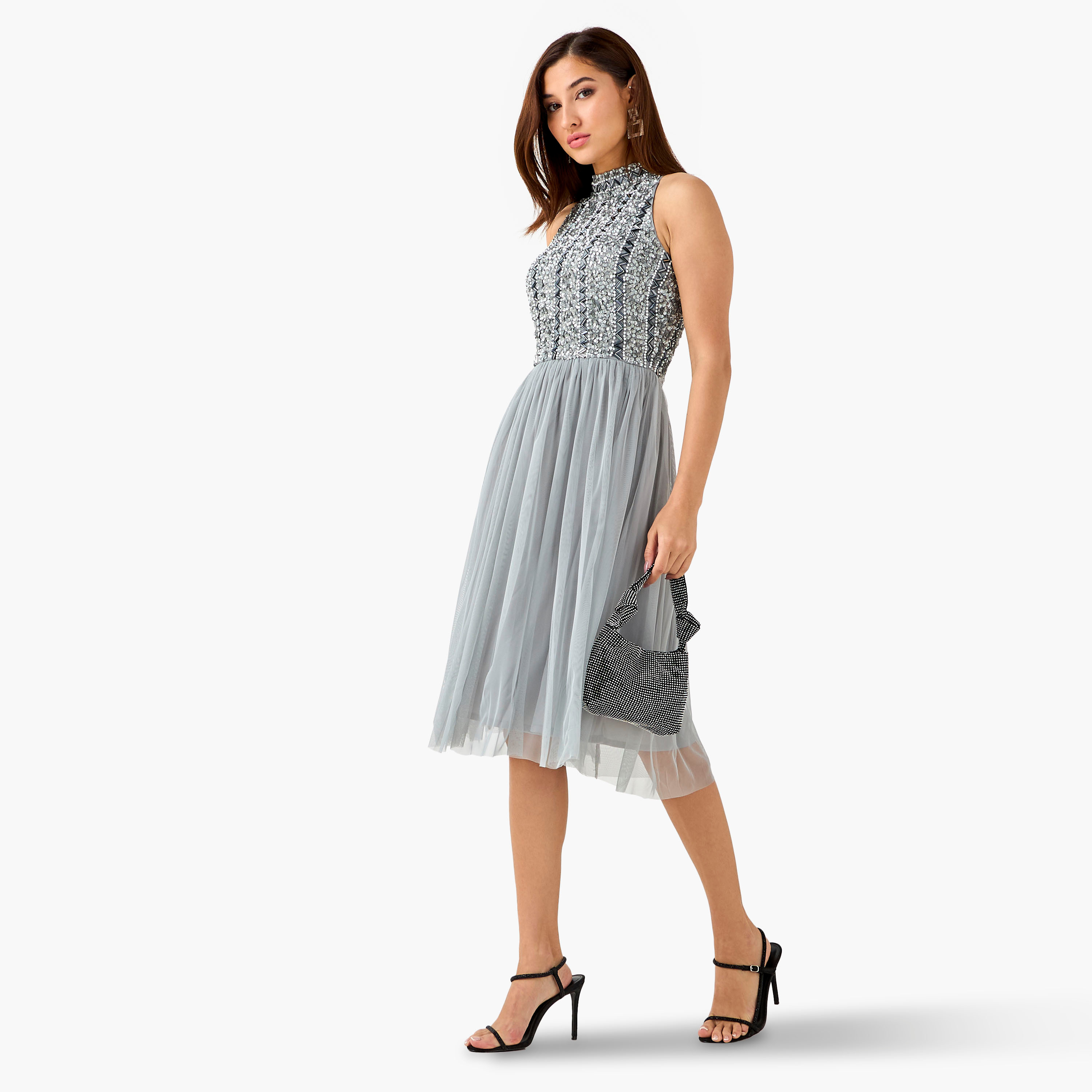 فستان بليسيه مزين بتطريز وياقة عالية للنساء من ليس آند بيدز-women-clothing-dresses-image-2