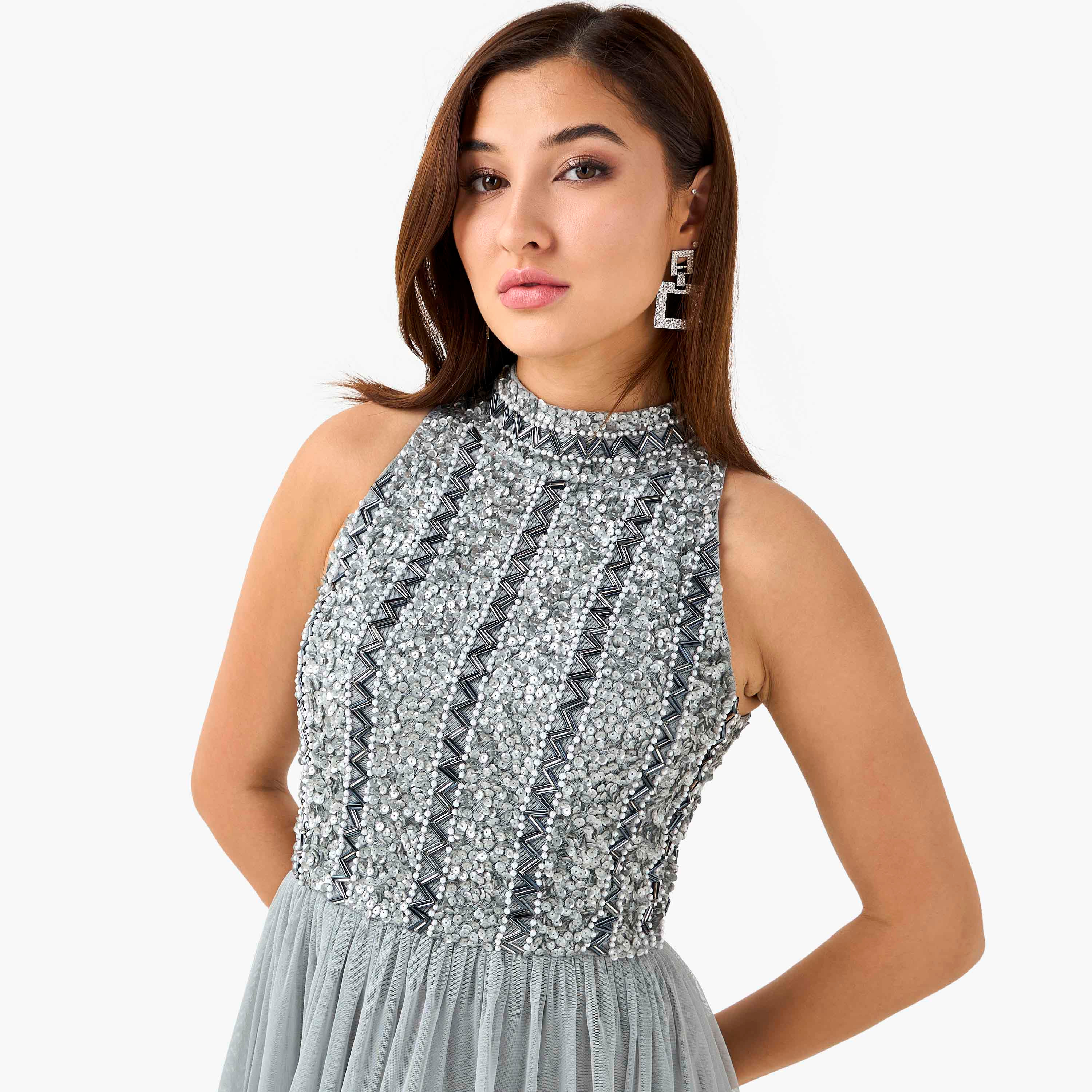 فستان بليسيه مزين بتطريز وياقة عالية للنساء من ليس آند بيدز-women-clothing-dresses-image-4