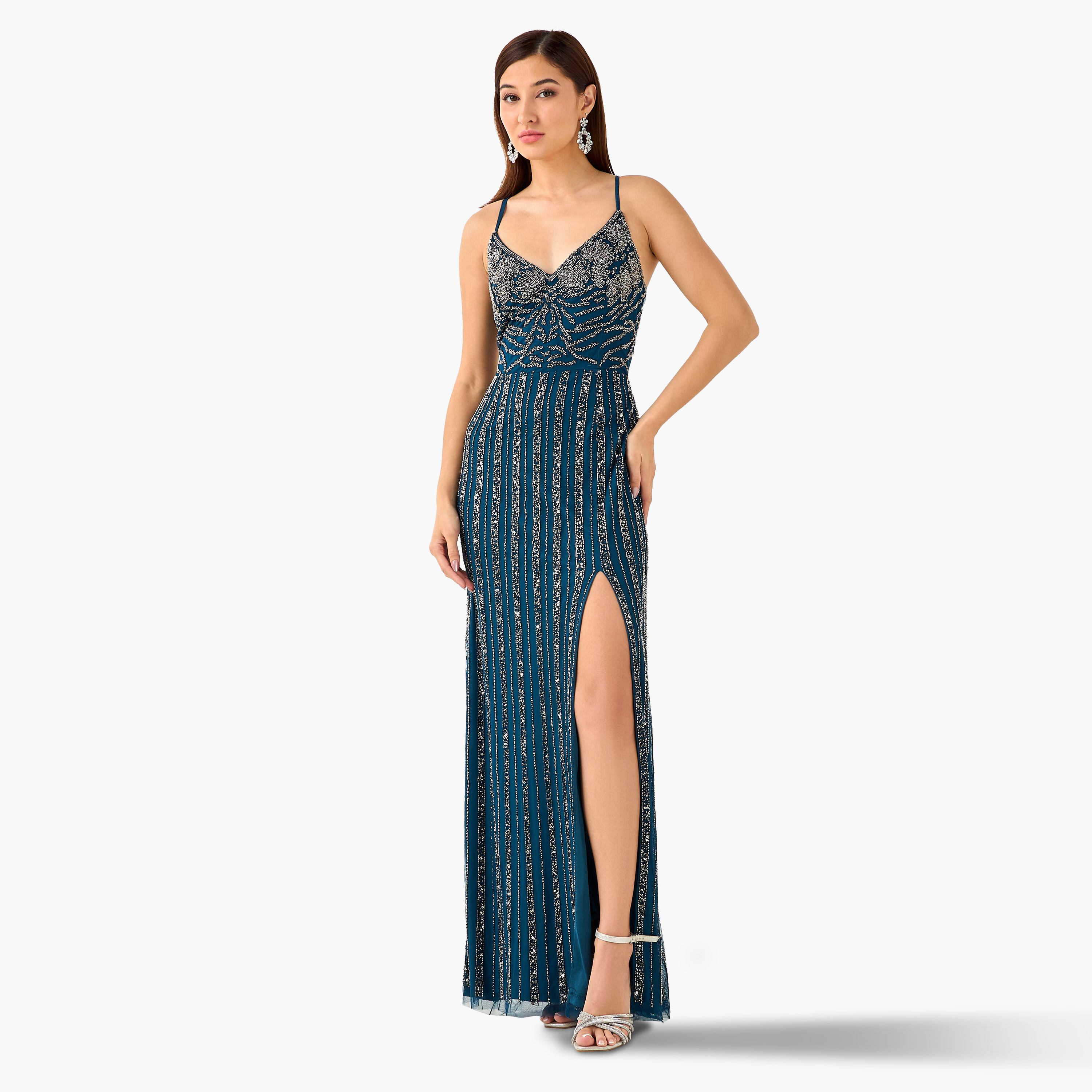 Lace & Beads Embellished Slit Women Dress with Cutout Back-women-clothing-dresses-image-1