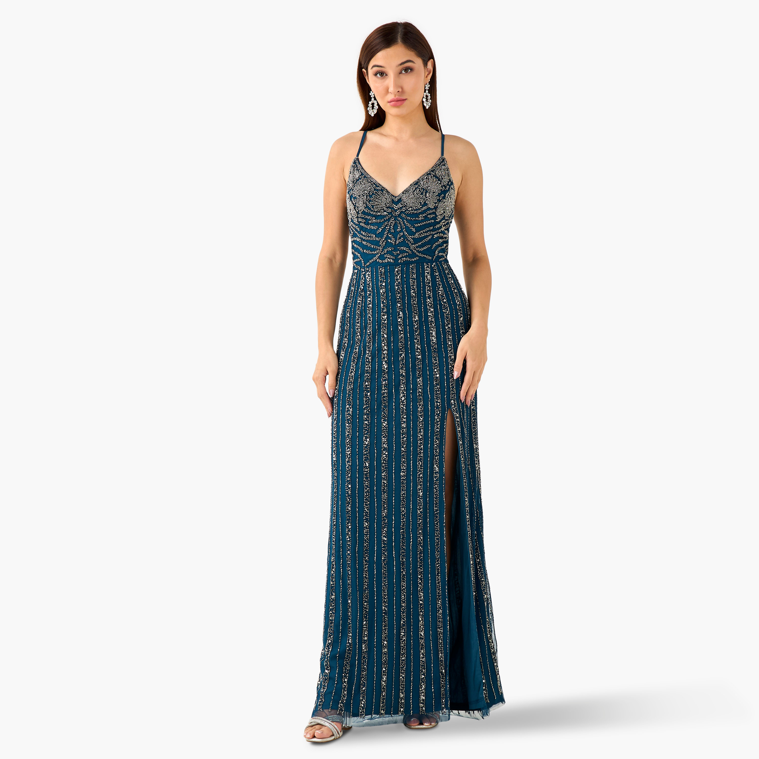 Lace & Beads Embellished Slit Women Dress with Cutout Back-women-clothing-dresses-image-2