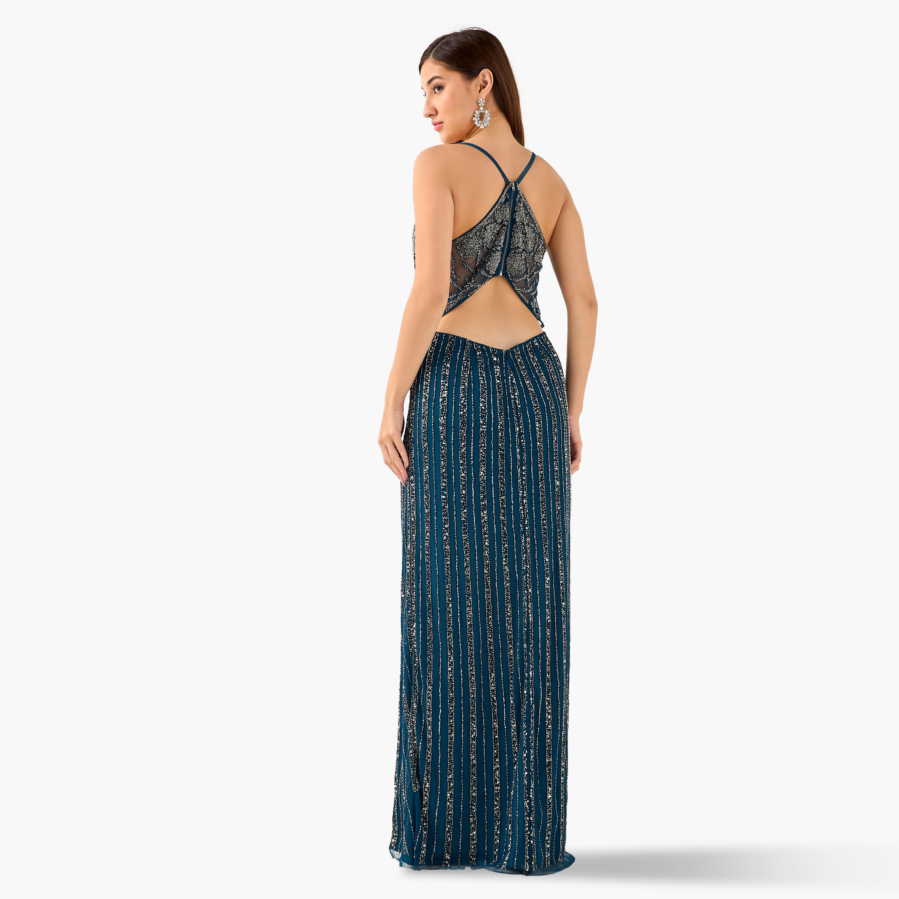 Lace & Beads Embellished Slit Women Dress with Cutout Back-women-clothing-dresses-image-3