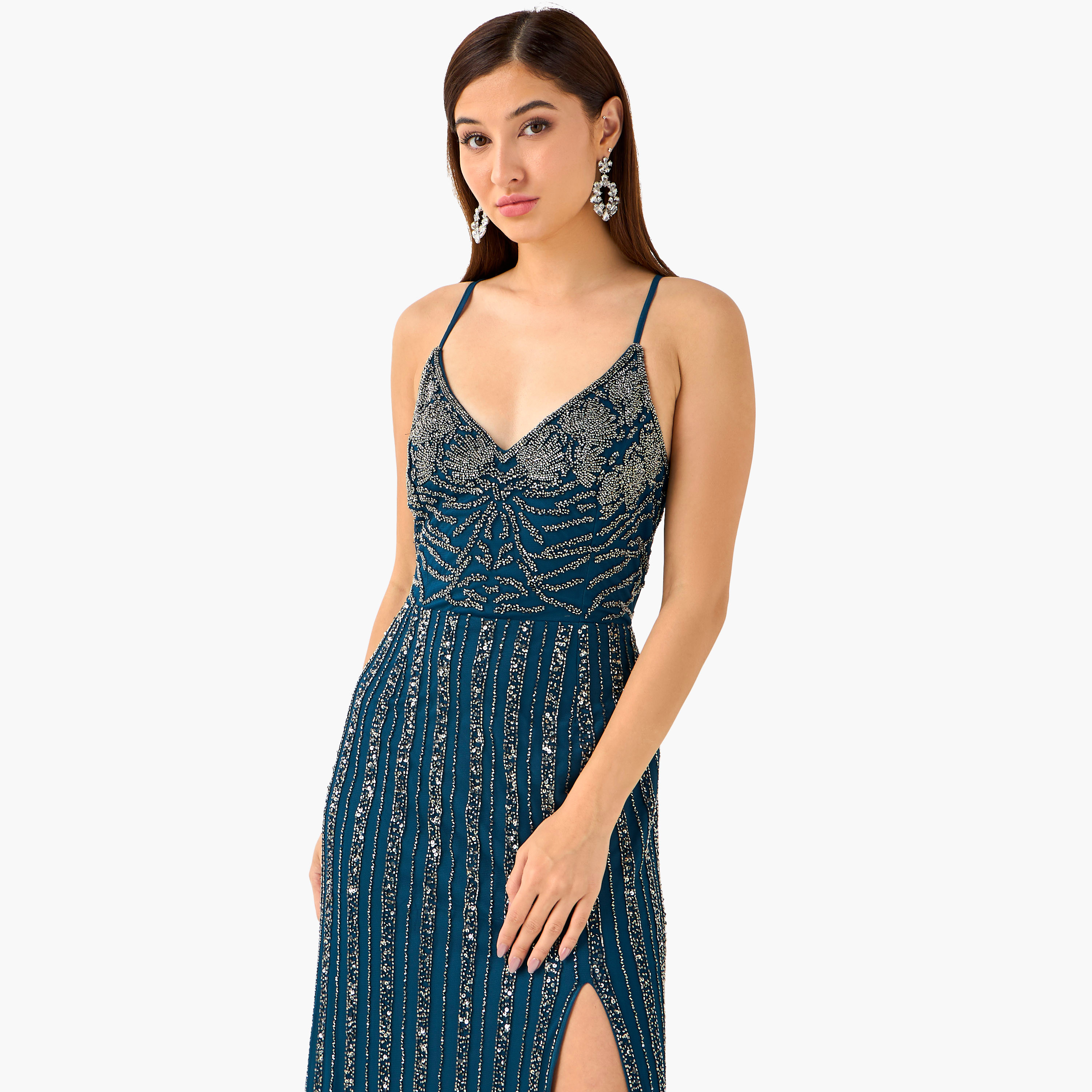Lace & Beads Embellished Slit Women Dress with Cutout Back-women-clothing-dresses-image-4