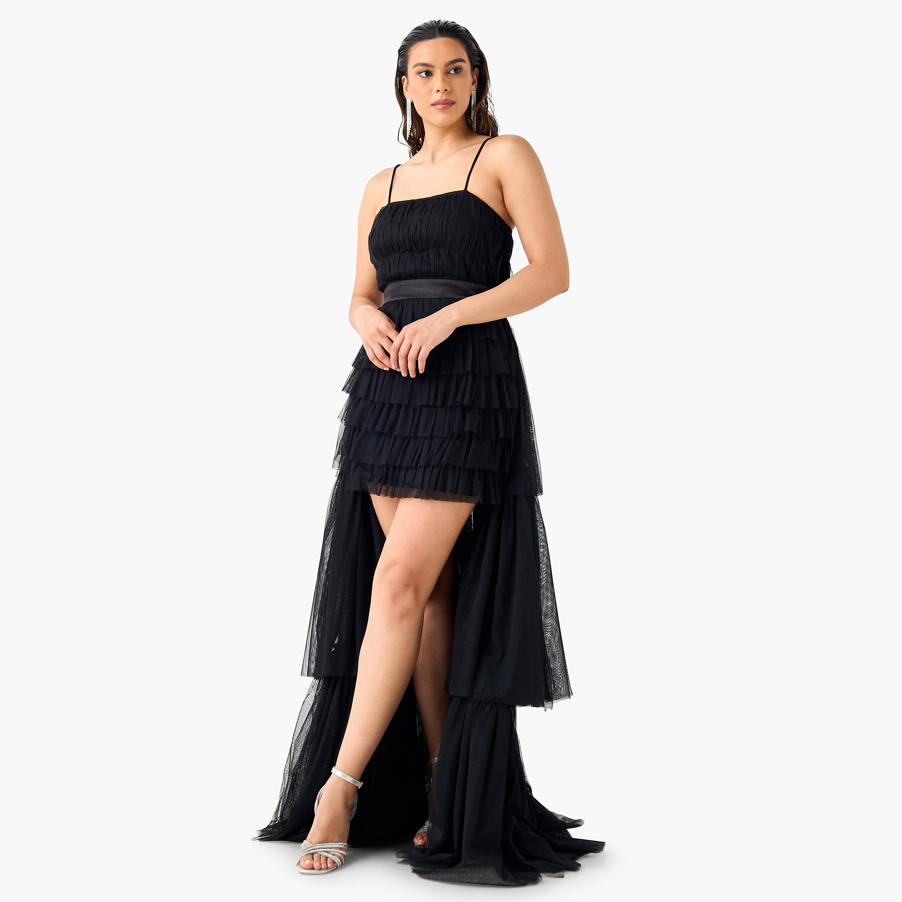 فستان طويل دون أكمام بحواف غير متماثلة وتفاصيل كشكش من ليس آند بيدز-women-clothing-dresses-image-1