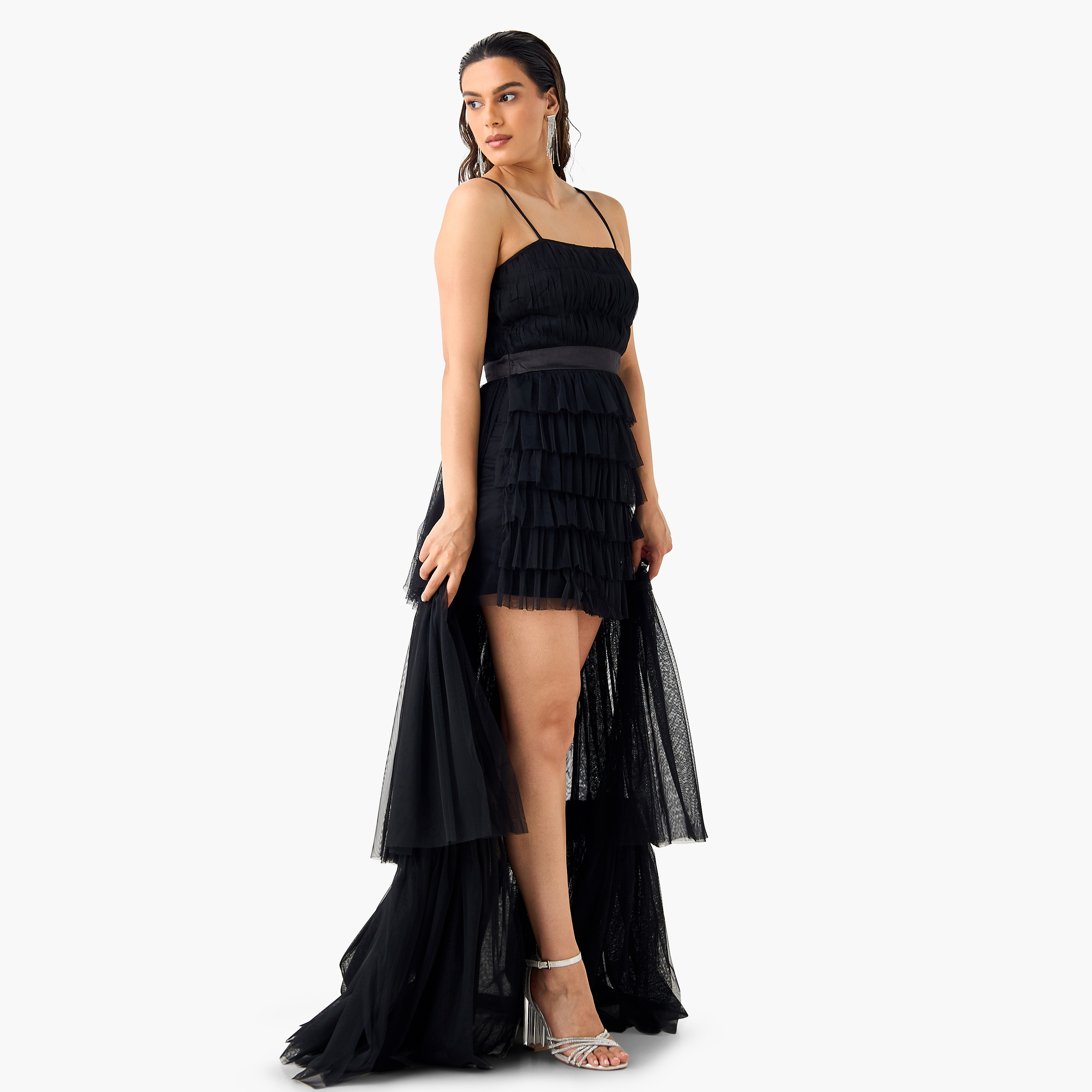Lace & Beads Ruffle Detail Sleeveless Dress with High-Low Hemline-women-clothing-dresses-image-3