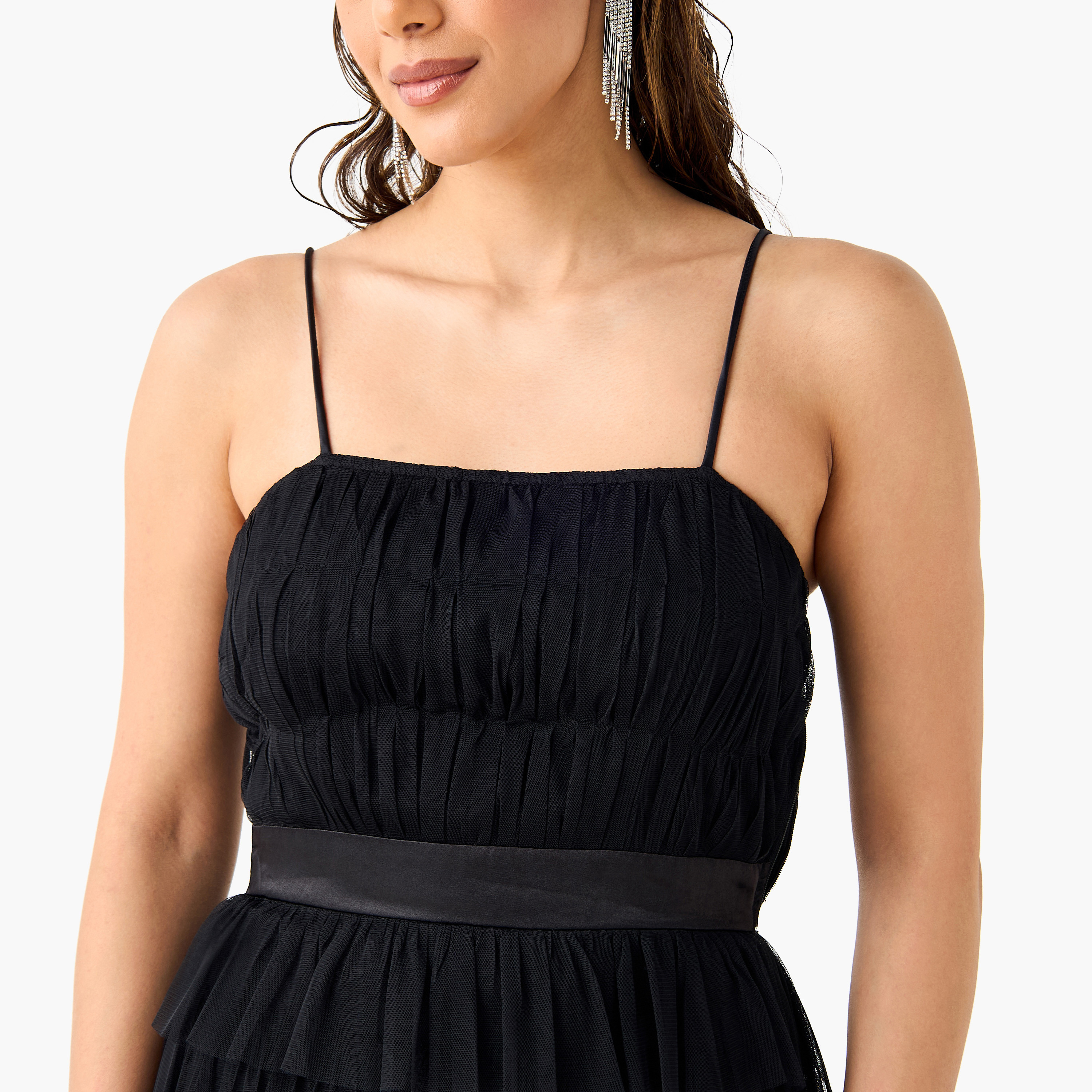 Lace & Beads Ruffle Detail Sleeveless Dress with High-Low Hemline-women-clothing-dresses-image-4