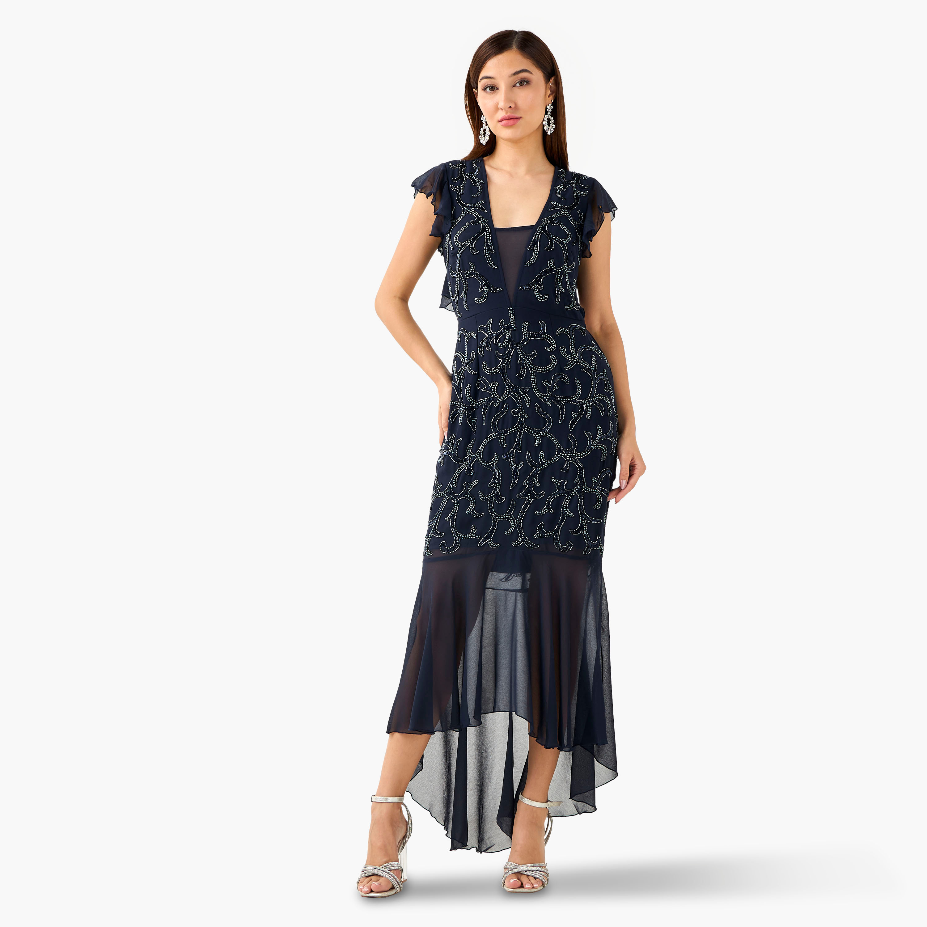 Lace & Beads Embellished Asymmetric Women Dress with Cutout Back-women-clothing-dresses-image-2