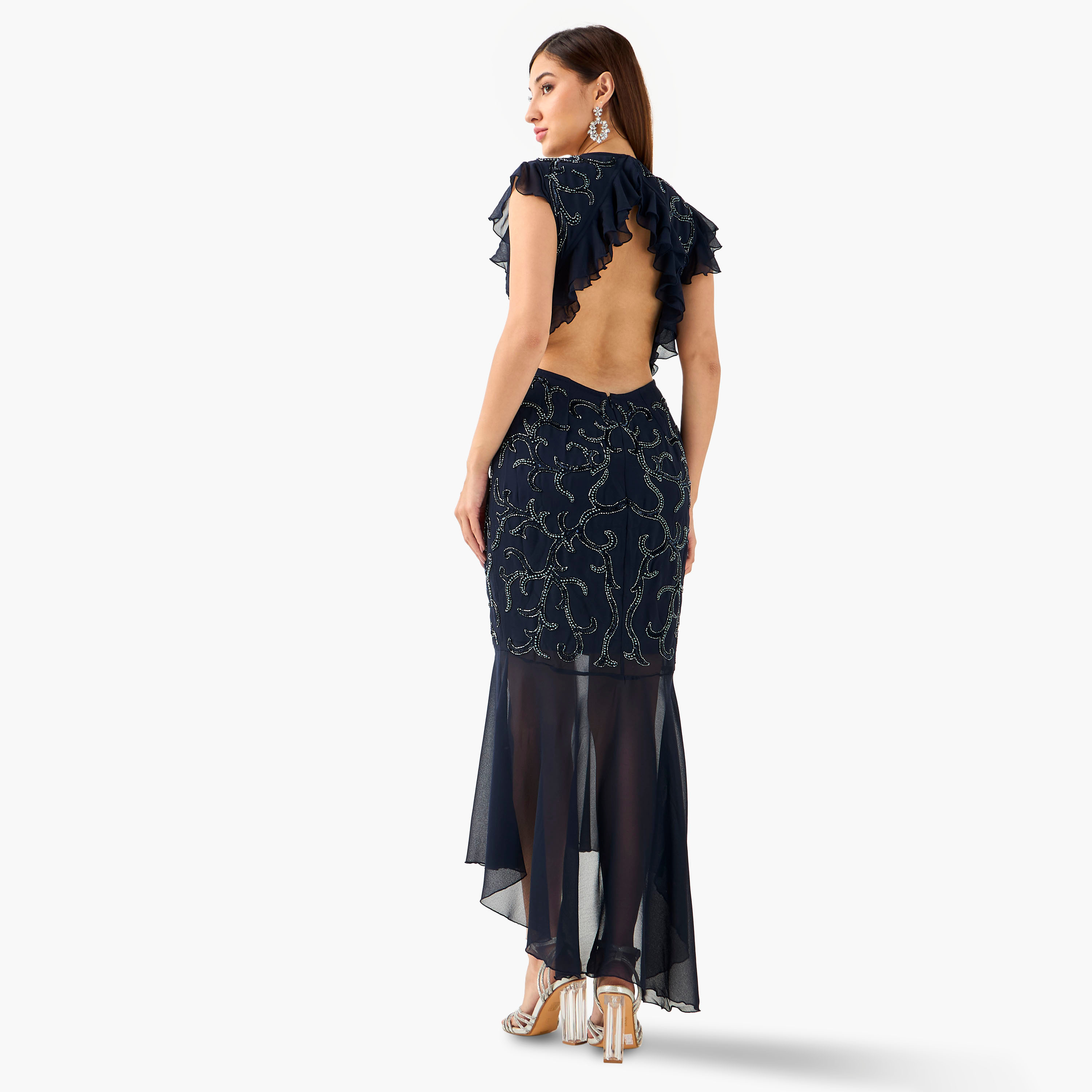 Lace & Beads Embellished Asymmetric Women Dress with Cutout Back-women-clothing-dresses-image-3