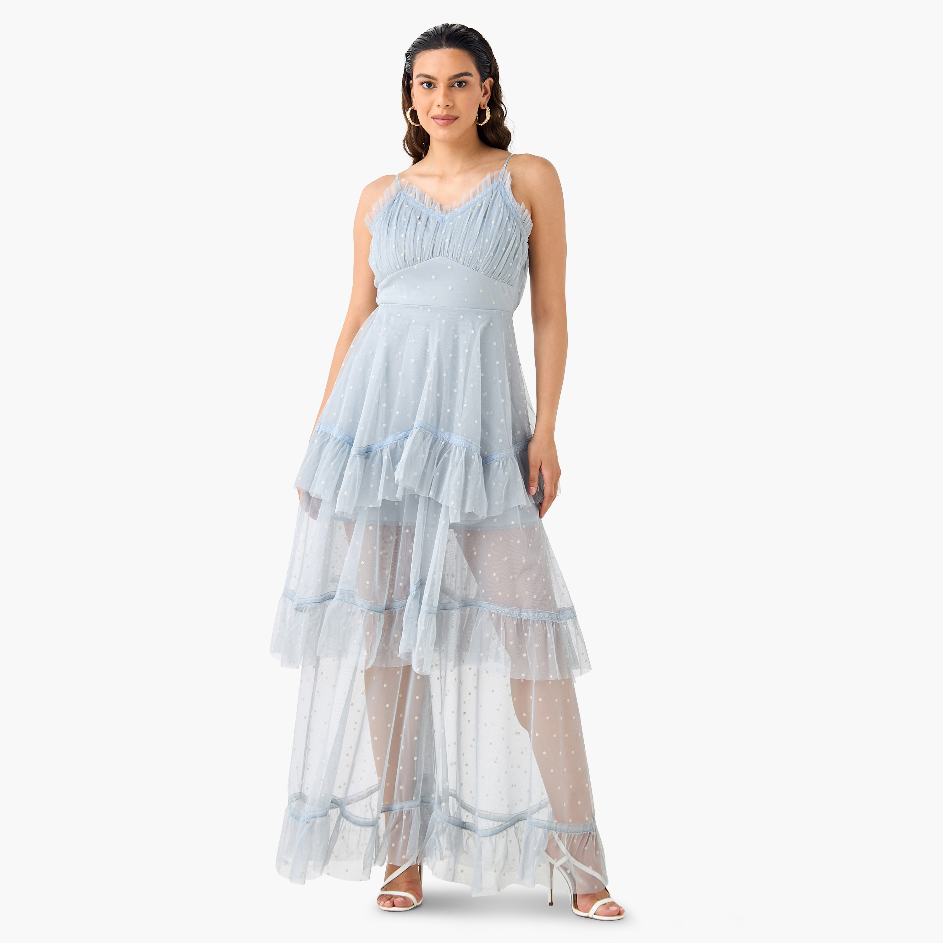 Lace & Beads Polka Dot Print Sleeveless Tiered Dress with V-neck-women-clothing-dresses-image-1