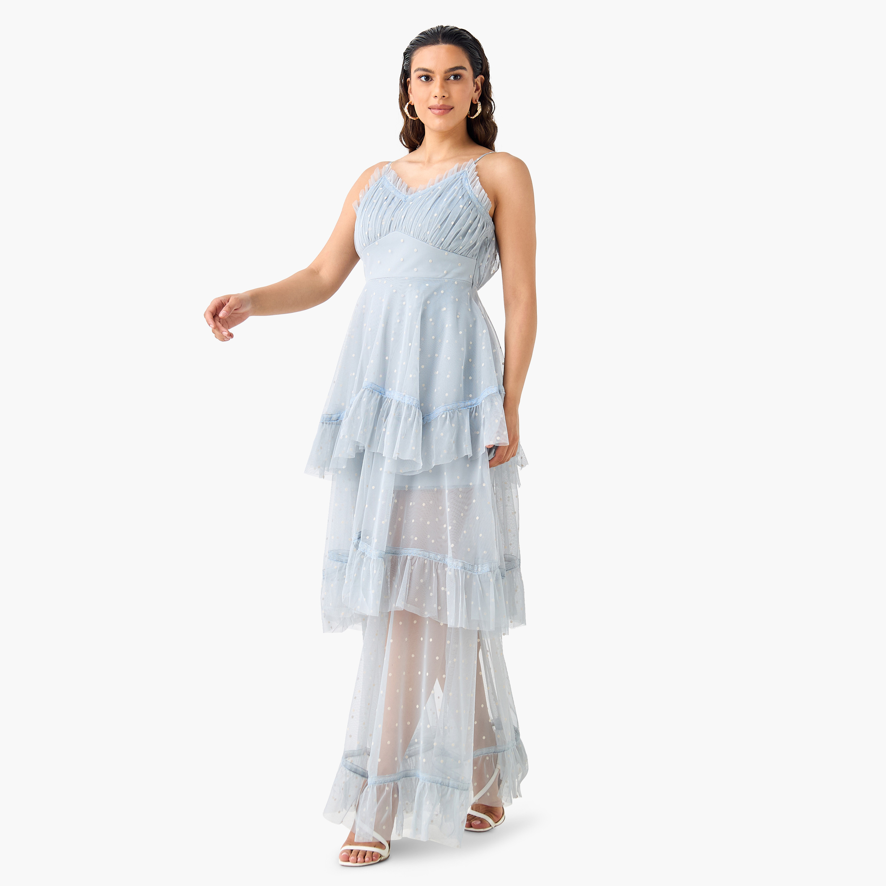 Lace & Beads Polka Dot Print Sleeveless Tiered Dress with V-neck-women-clothing-dresses-image-3