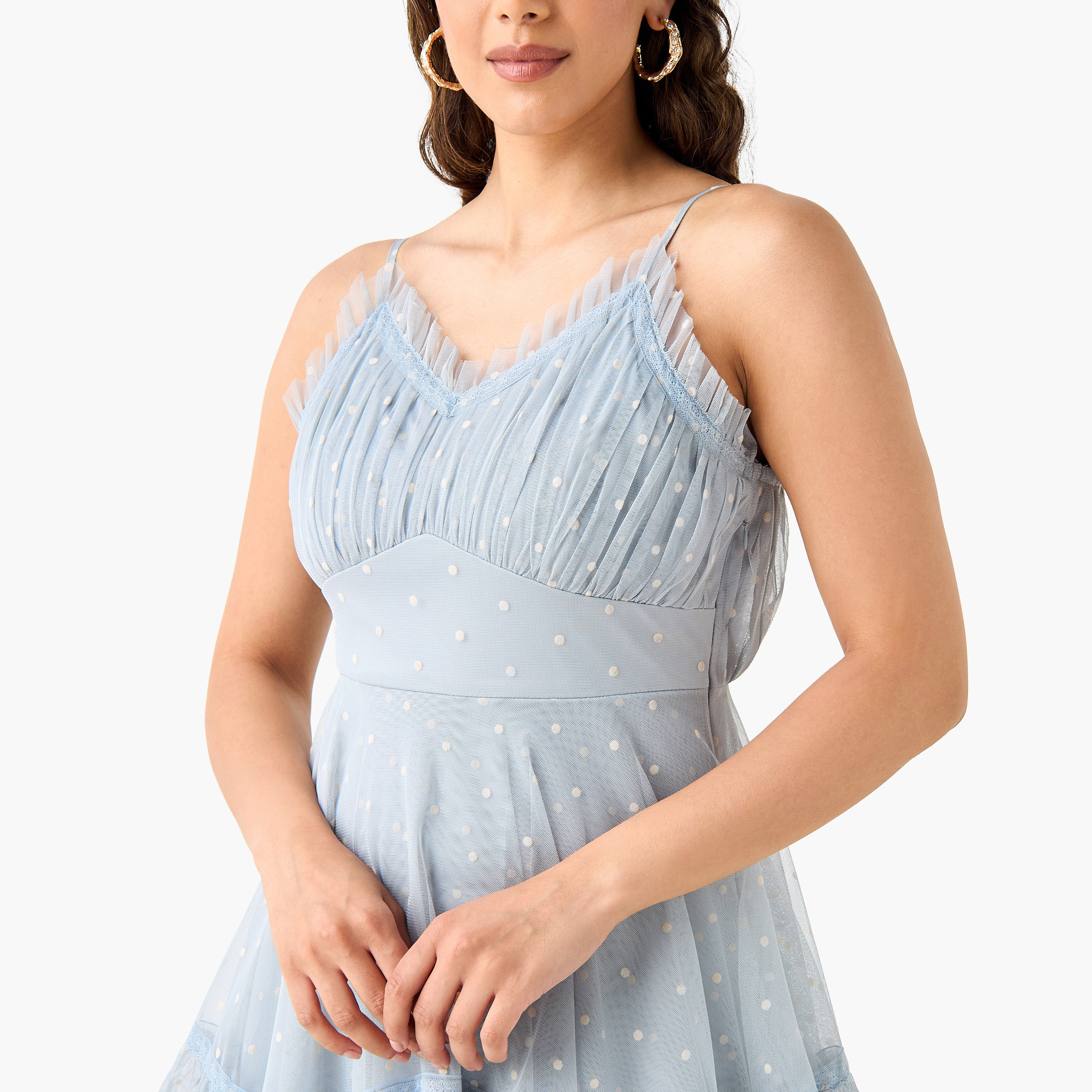 Lace & Beads Polka Dot Print Sleeveless Tiered Dress with V-neck-women-clothing-dresses-image-4
