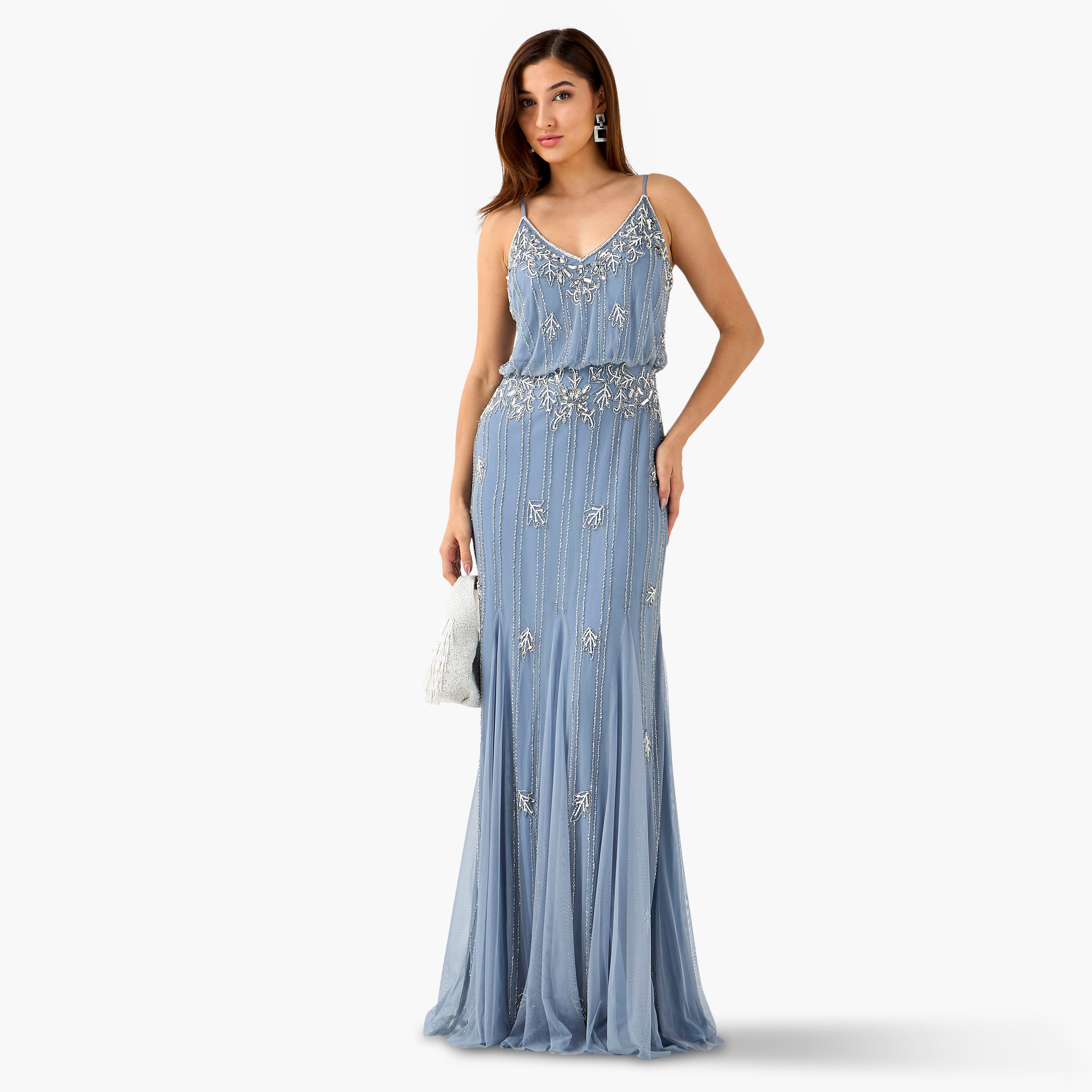 Lace & Beads Embellished Panel Women Dress with V-neck-women-clothing-dresses-image-2