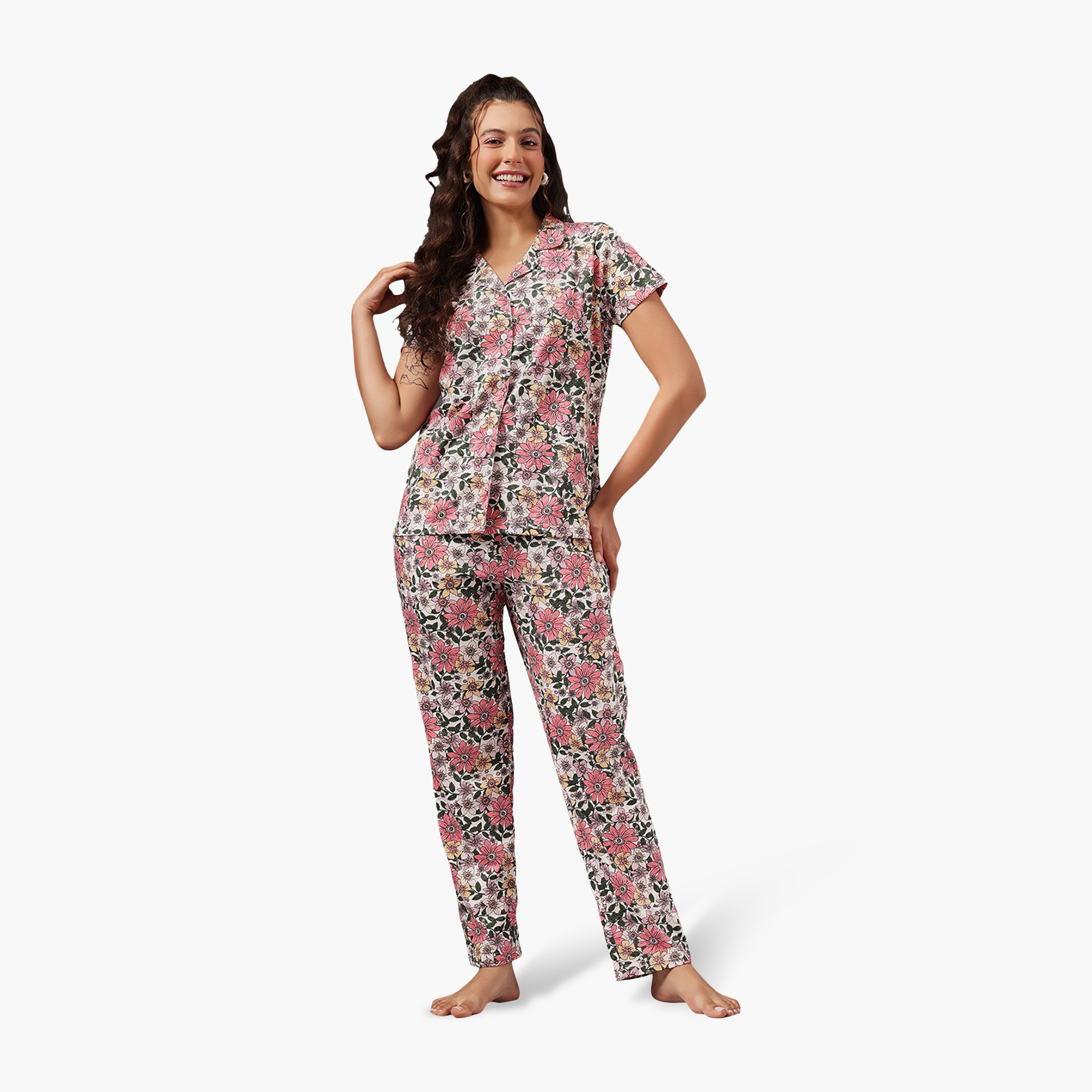 Clovia Floral Print Button-Down Women's Shirt & Pyjama Set in Multicolour - 100% Cotton-women-clothing-nightwear-pyjamas-longsets-image-1