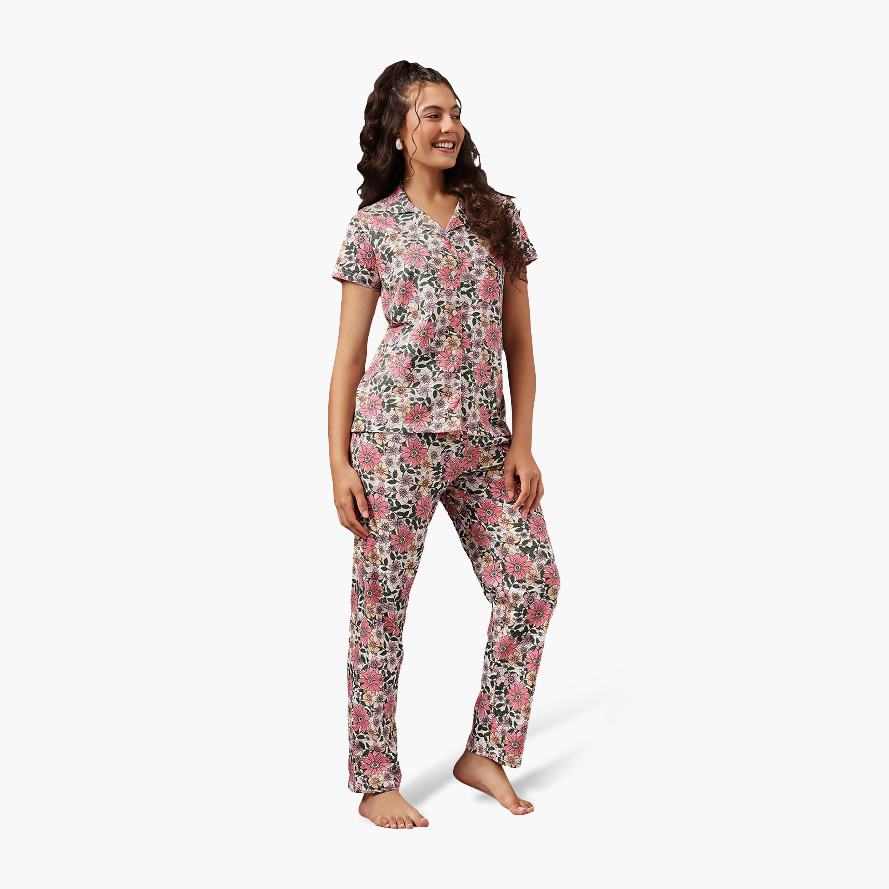 Clovia Floral Print Button-Down Women's Shirt & Pyjama Set in Multicolour - 100% Cotton-women-clothing-nightwear-pyjamas-longsets-image-2
