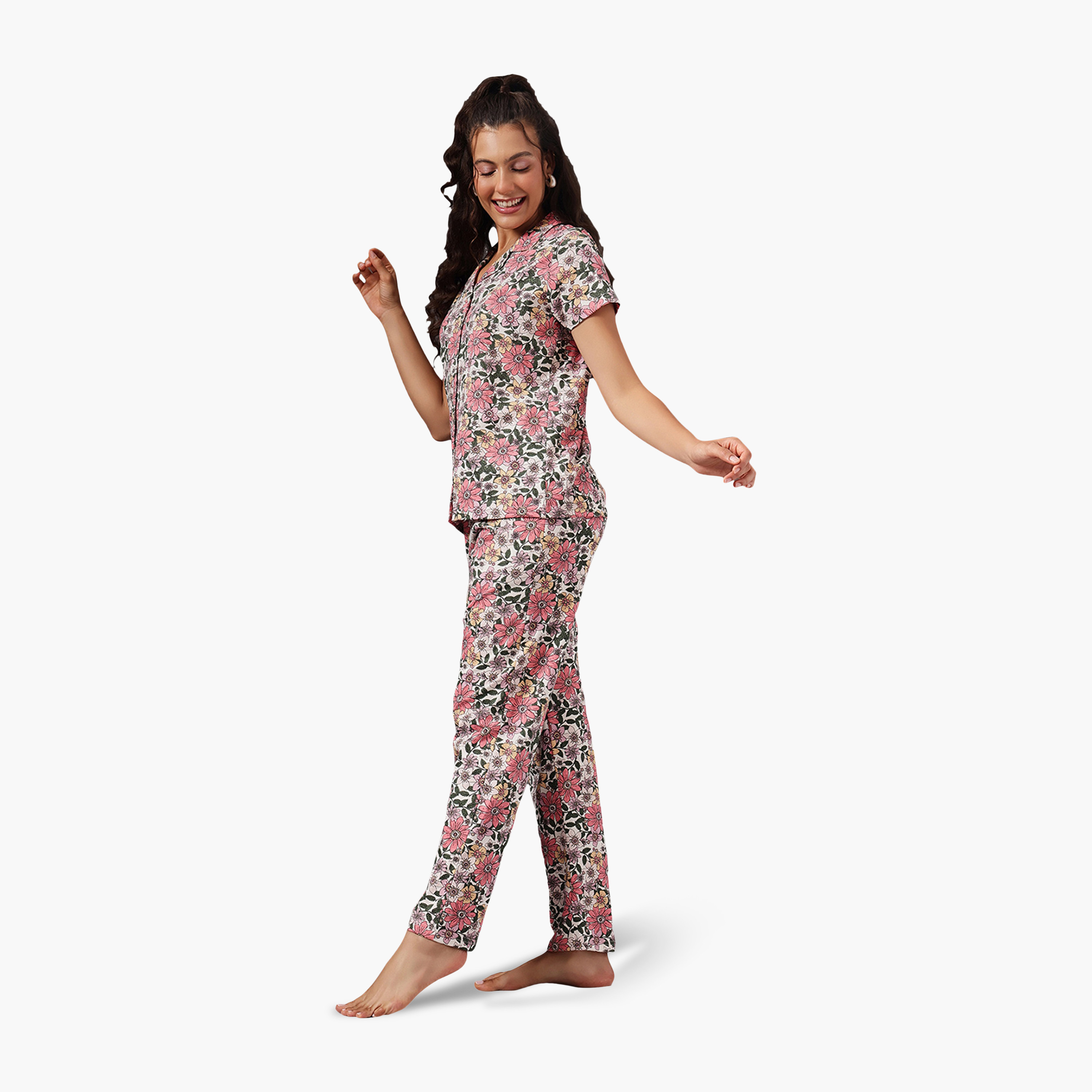 Clovia Floral Print Button-Down Women's Shirt & Pyjama Set in Multicolour - 100% Cotton-women-clothing-nightwear-pyjamas-longsets-image-3