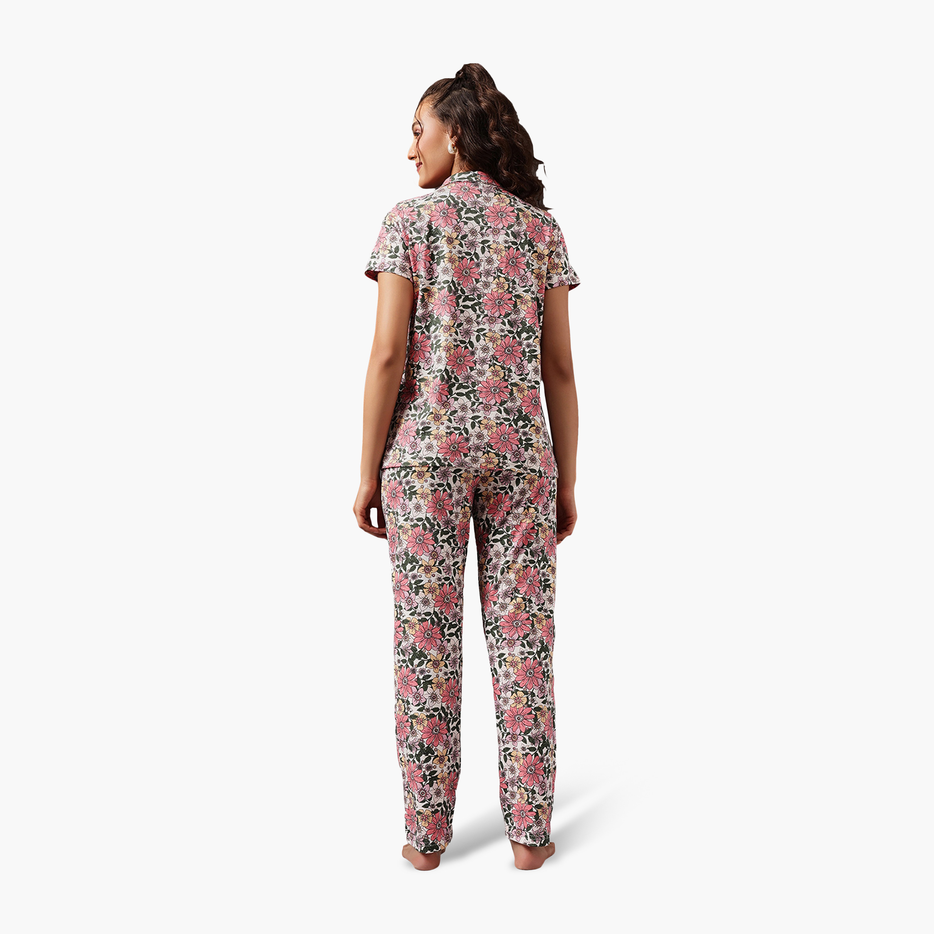 Clovia Floral Print Button-Down Women's Shirt & Pyjama Set in Multicolour - 100% Cotton-women-clothing-nightwear-pyjamas-longsets-image-4