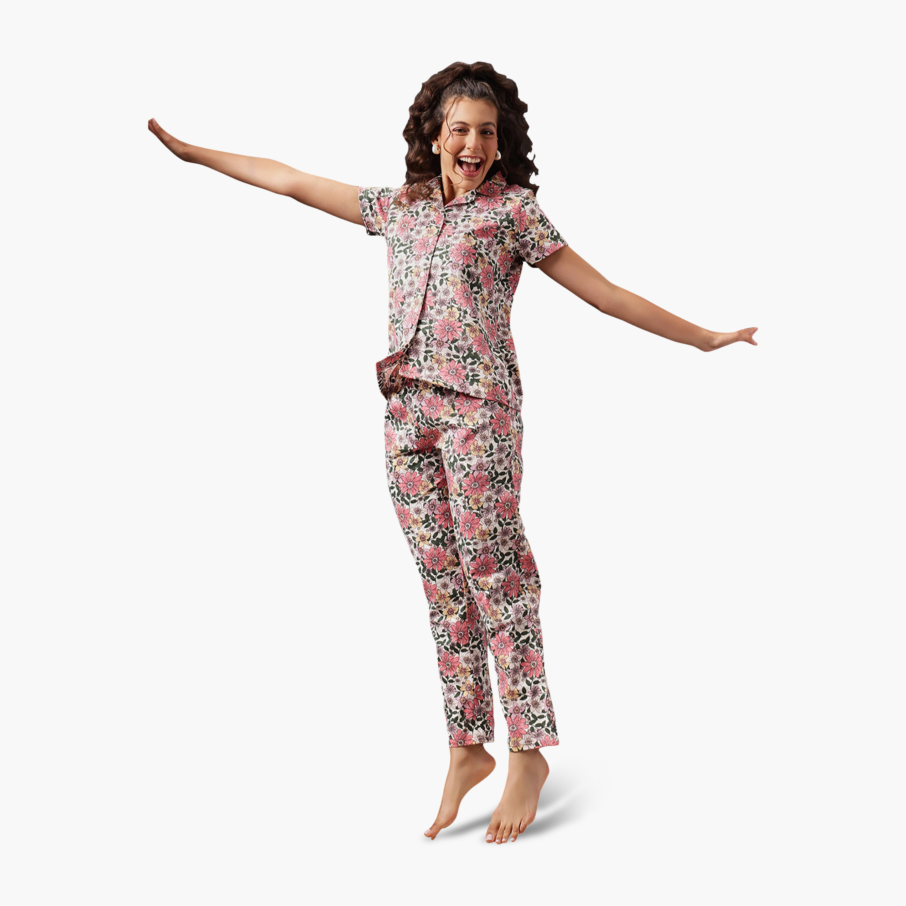 Clovia Floral Print Button-Down Women's Shirt & Pyjama Set in Multicolour - 100% Cotton-women-clothing-nightwear-pyjamas-longsets-image-5