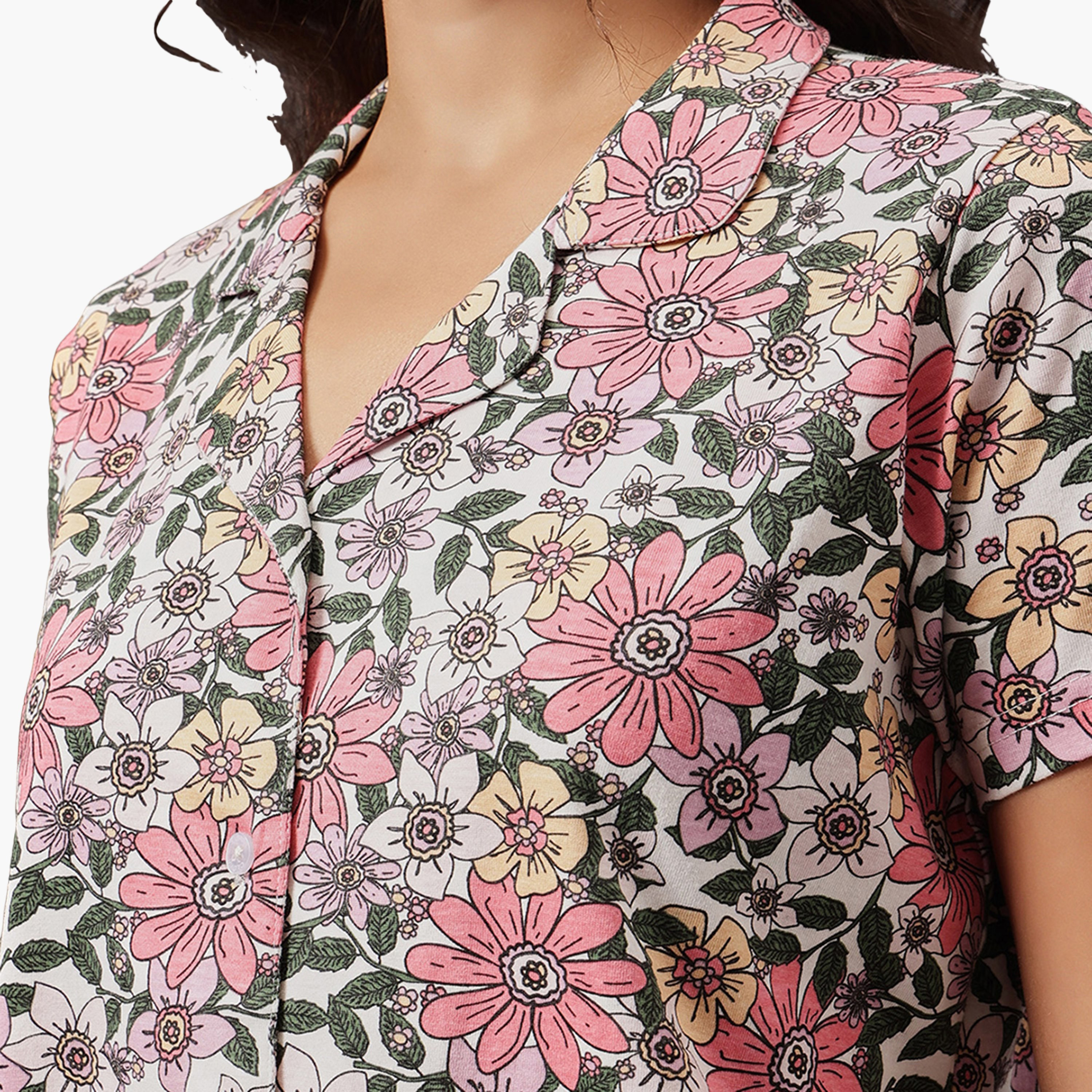 Clovia Floral Print Button-Down Women's Shirt & Pyjama Set in Multicolour - 100% Cotton-women-clothing-nightwear-pyjamas-longsets-image-6