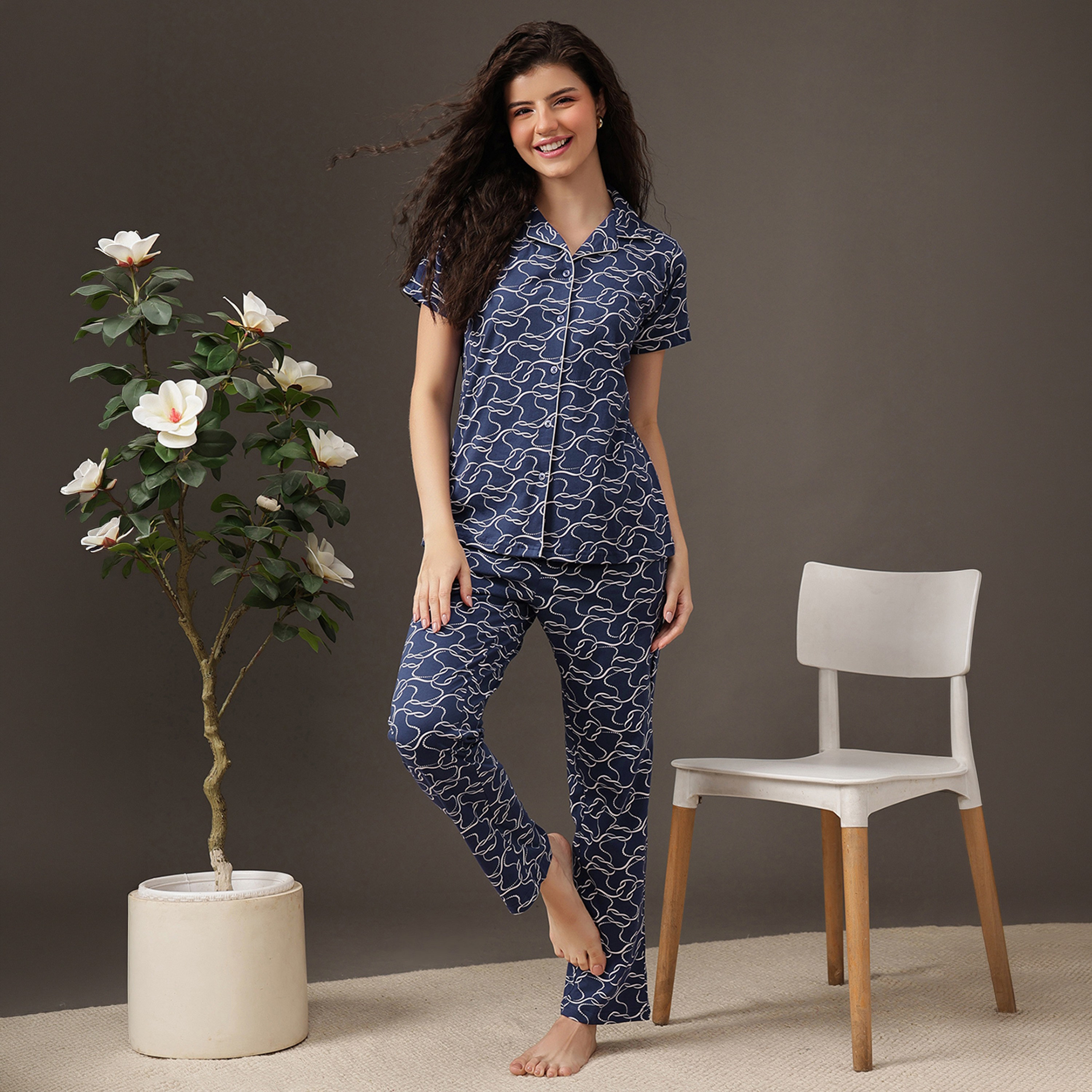 Clovia Printed Button-Down Women's Shirt & Pyjama Set in Midnight Blue - 100% Cotton-women-clothing-nightwear-pyjamas-longsets-image-1