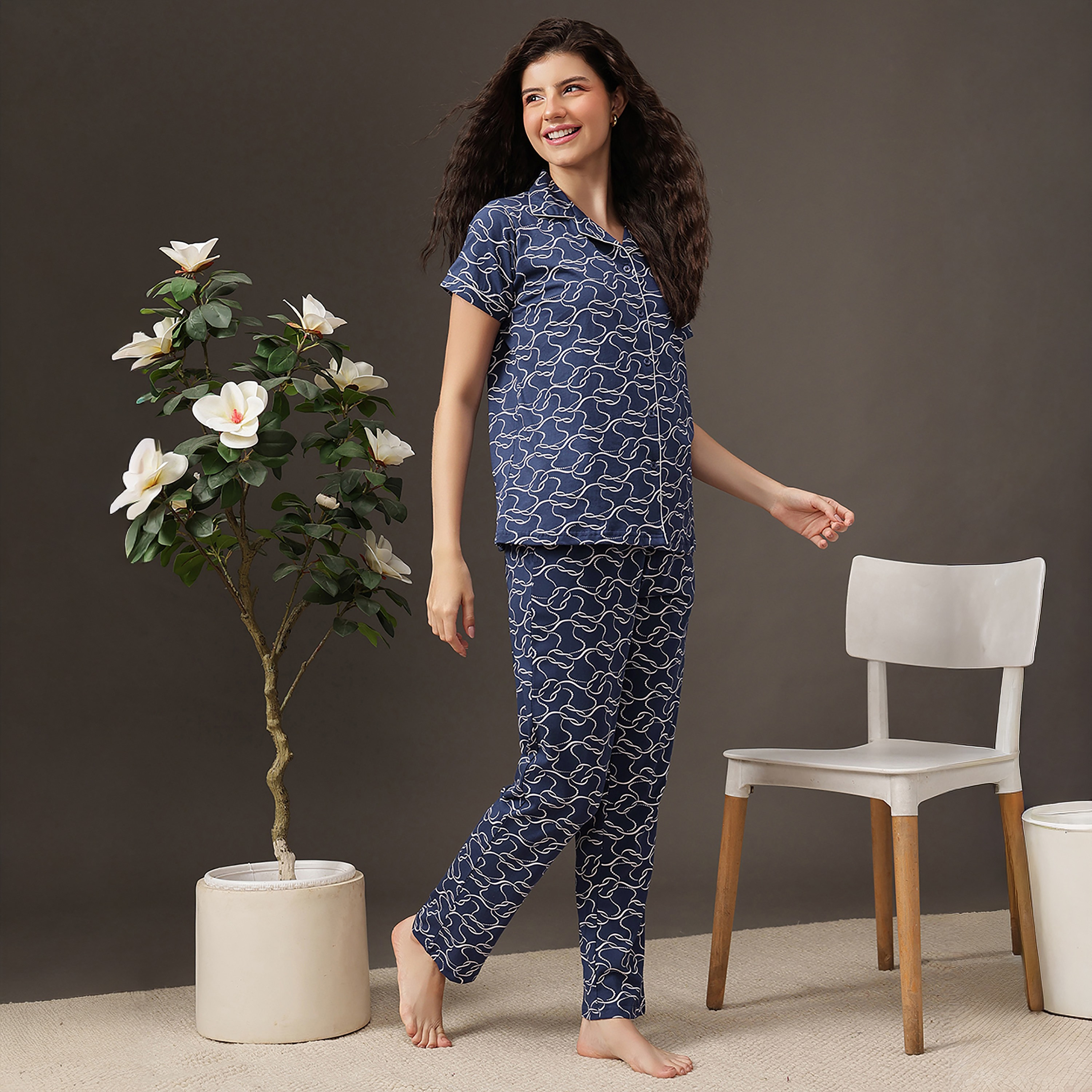 Clovia Printed Button-Down Women's Shirt & Pyjama Set in Midnight Blue - 100% Cotton-women-clothing-nightwear-pyjamas-longsets-image-3