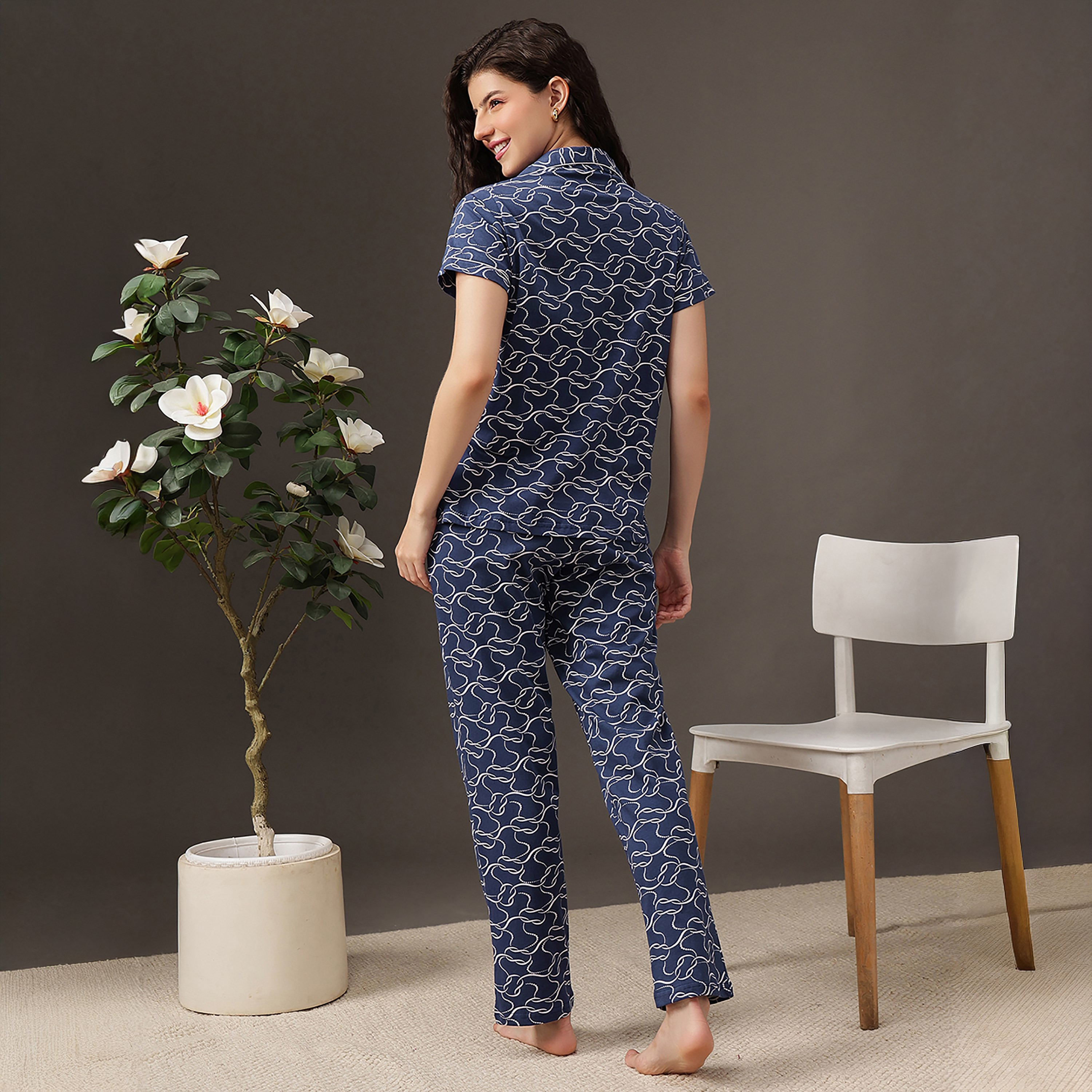 Clovia Printed Button-Down Women's Shirt & Pyjama Set in Midnight Blue - 100% Cotton-women-clothing-nightwear-pyjamas-longsets-image-4