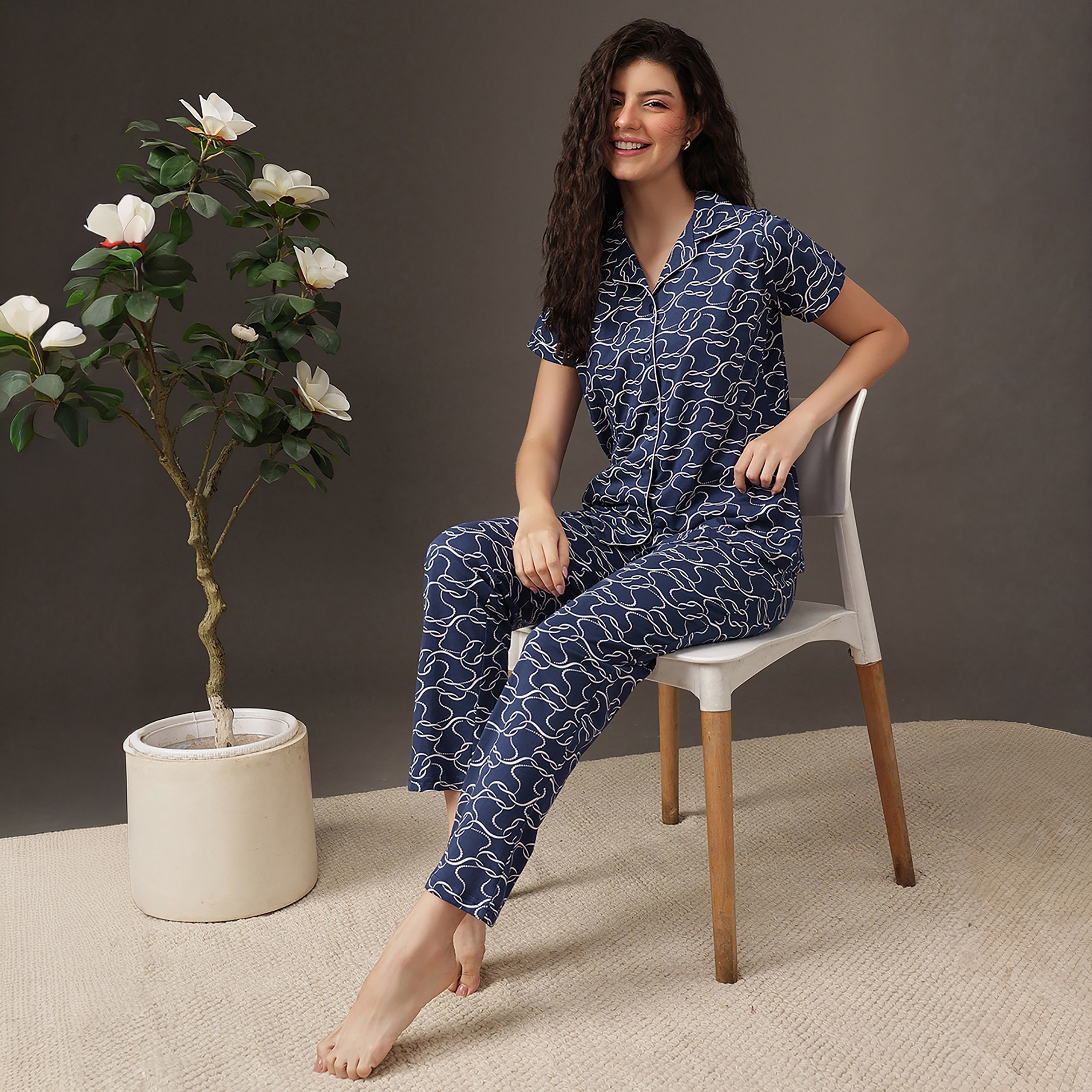 Clovia Printed Button-Down Women's Shirt & Pyjama Set in Midnight Blue - 100% Cotton-women-clothing-nightwear-pyjamas-longsets-image-5