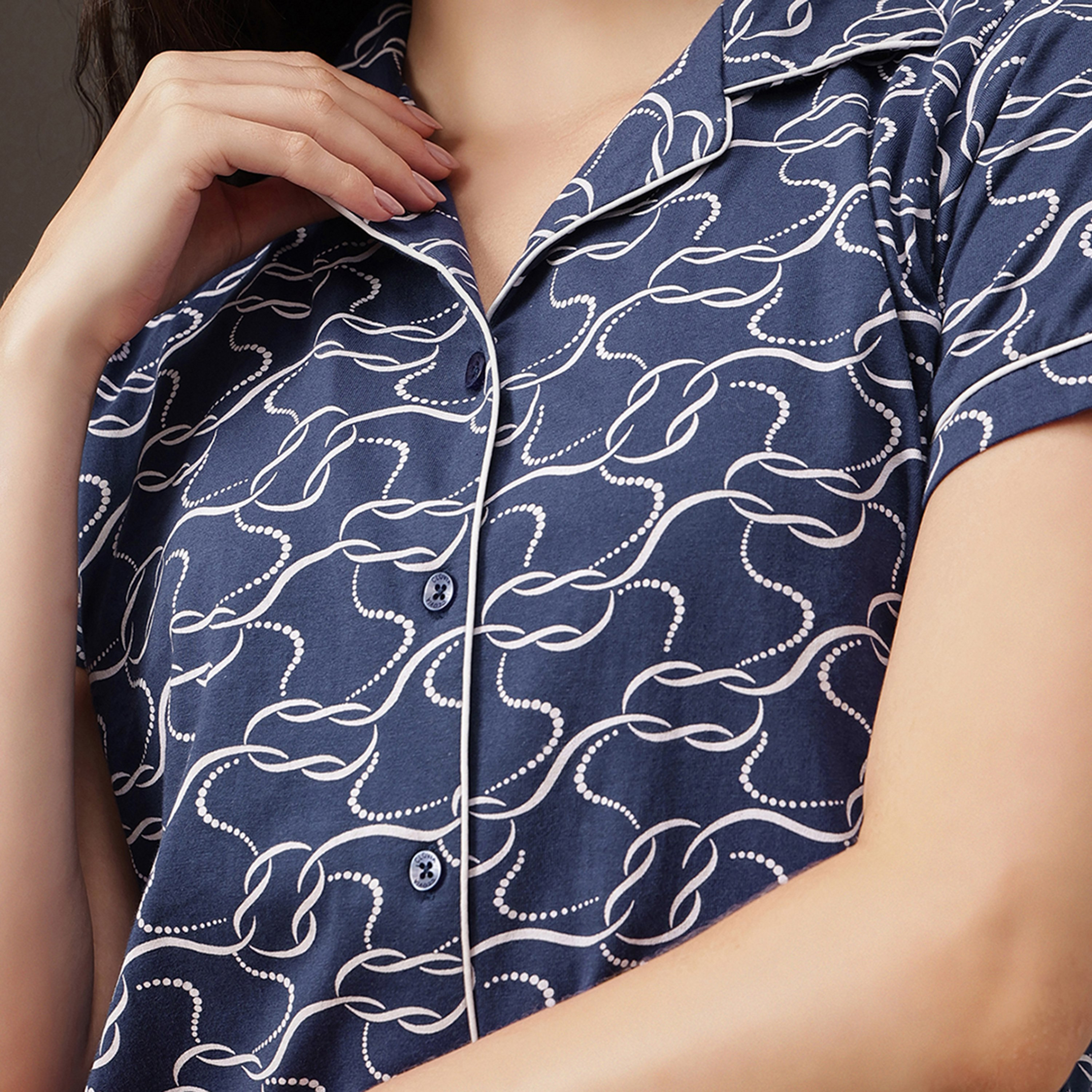 Clovia Printed Button-Down Women's Shirt & Pyjama Set in Midnight Blue - 100% Cotton-women-clothing-nightwear-pyjamas-longsets-image-6