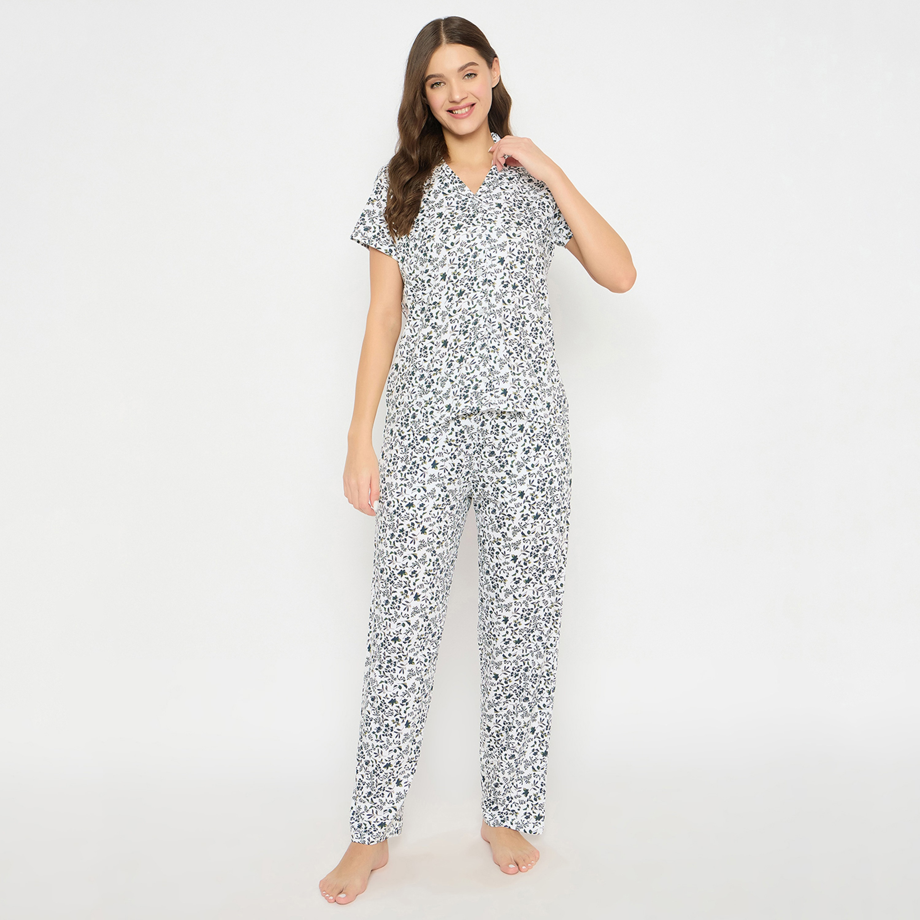 Clovia Printed Button Down Women's Night Suit in White - 100 % Cotton-women-clothing-nightwear-pyjamas-longsets-image-1
