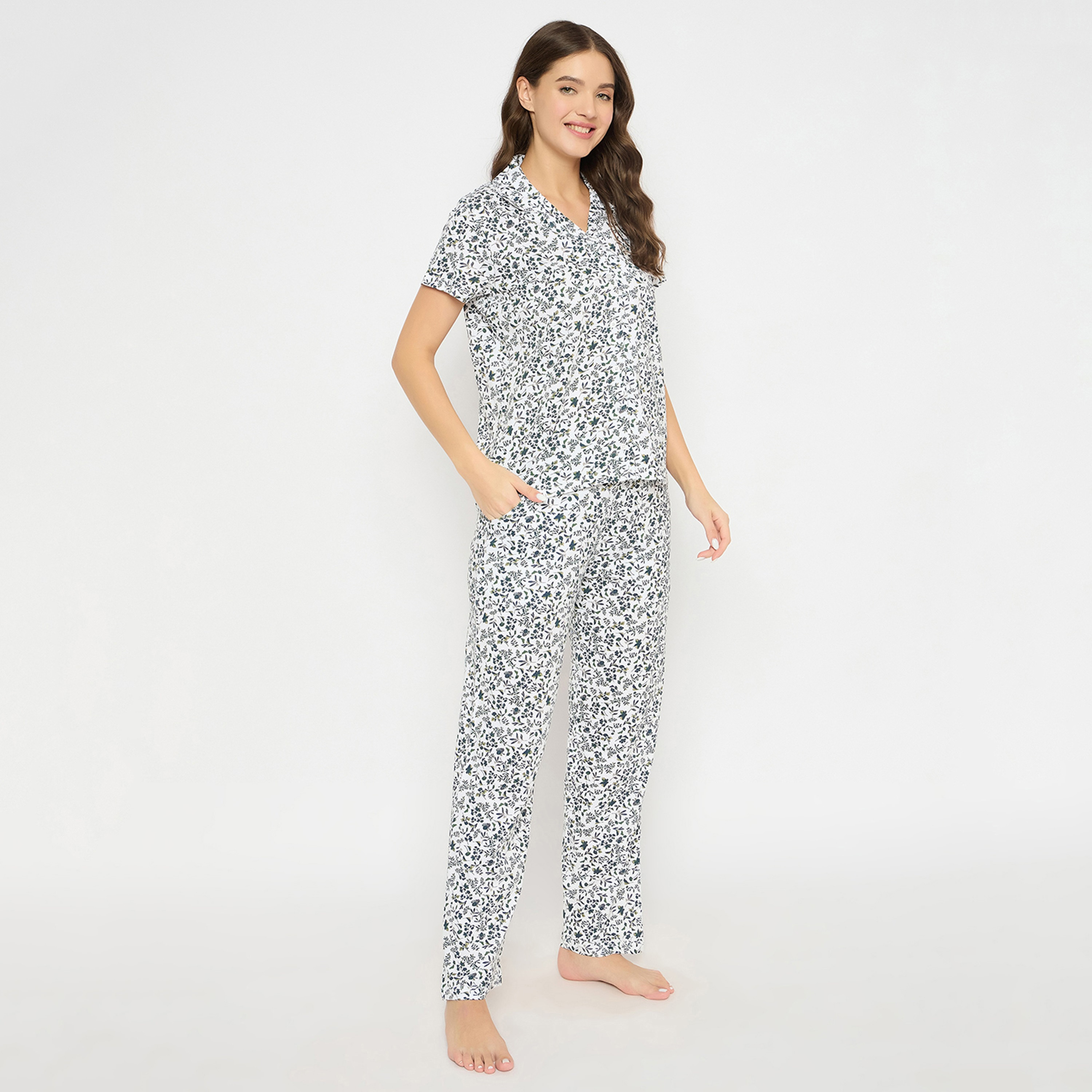Clovia Printed Button Down Women's Night Suit in White - 100 % Cotton-women-clothing-nightwear-pyjamas-longsets-image-2