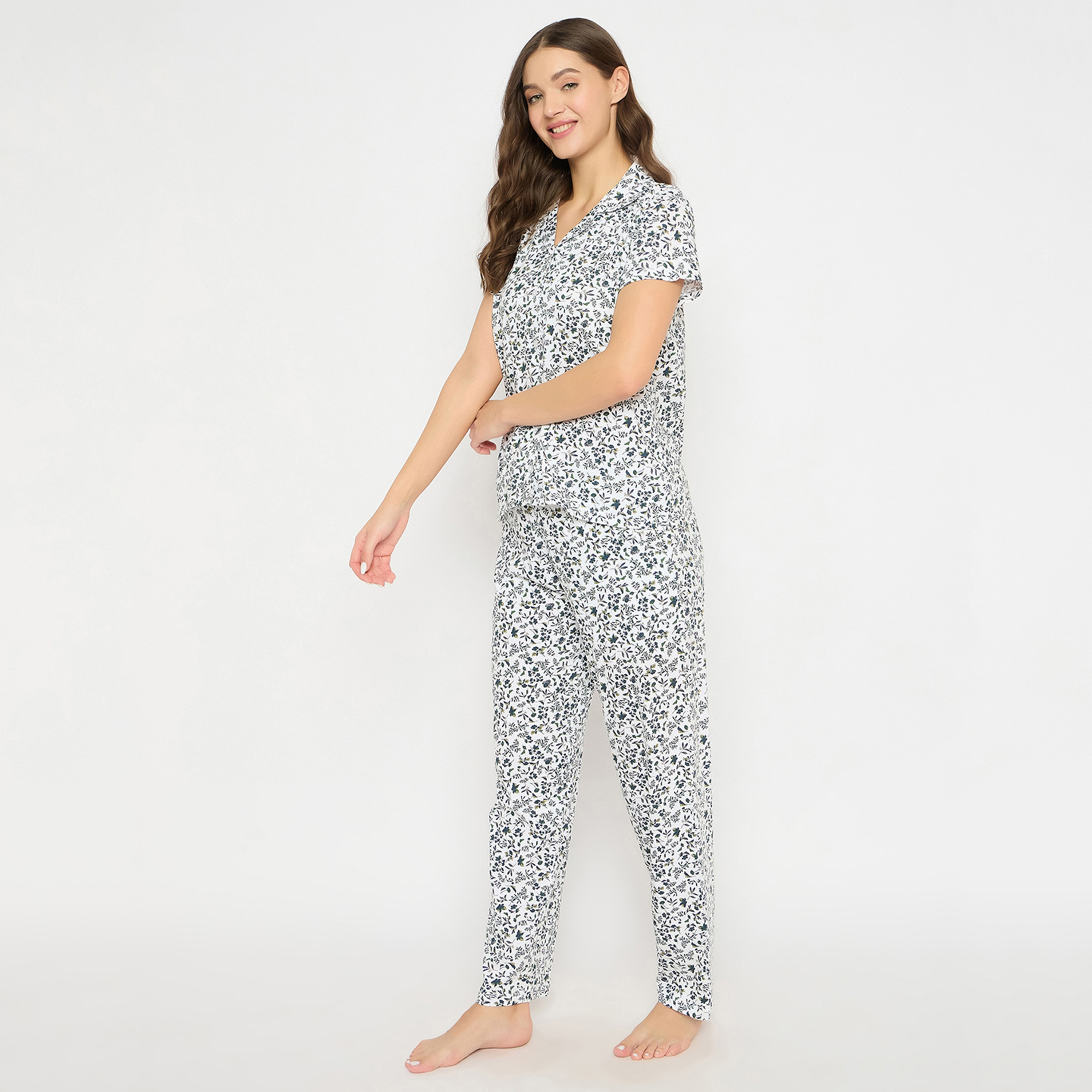 Clovia Printed Button Down Women's Night Suit in White - 100 % Cotton-women-clothing-nightwear-pyjamas-longsets-image-3