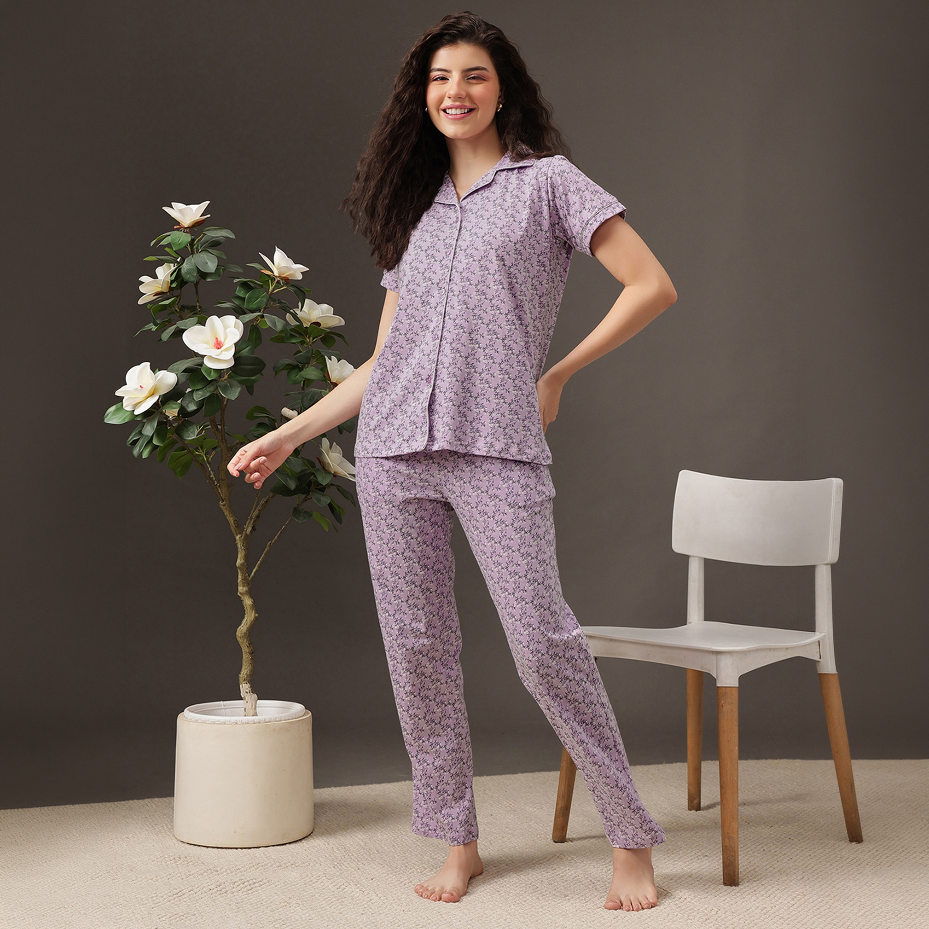 Clovia Floral Print Button-Down Women's Shirt & Pyjama Set in Lilac Colour - 100% Cotton-women-clothing-nightwear-pyjamas-longsets-image-1