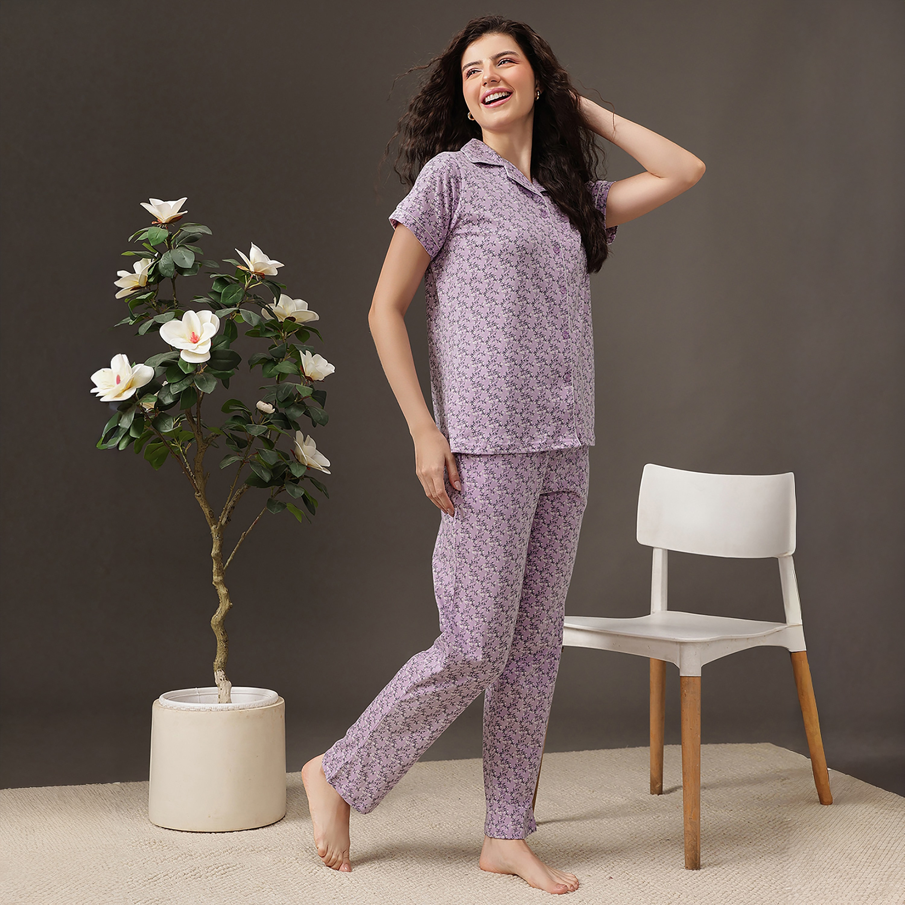 Clovia Floral Print Button-Down Women's Shirt & Pyjama Set in Lilac Colour - 100% Cotton-women-clothing-nightwear-pyjamas-longsets-image-2