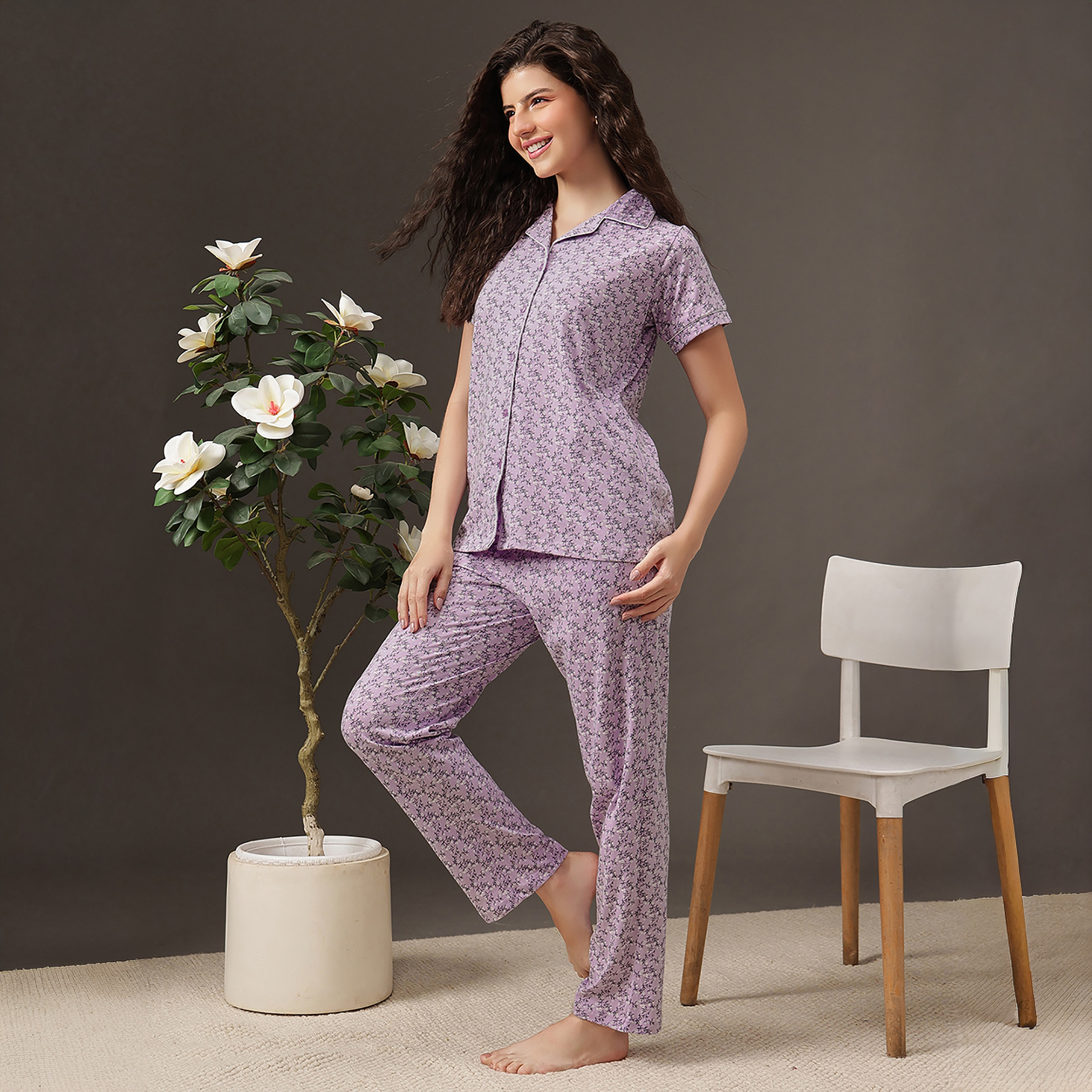 Clovia Floral Print Button-Down Women's Shirt & Pyjama Set in Lilac Colour - 100% Cotton-women-clothing-nightwear-pyjamas-longsets-image-3