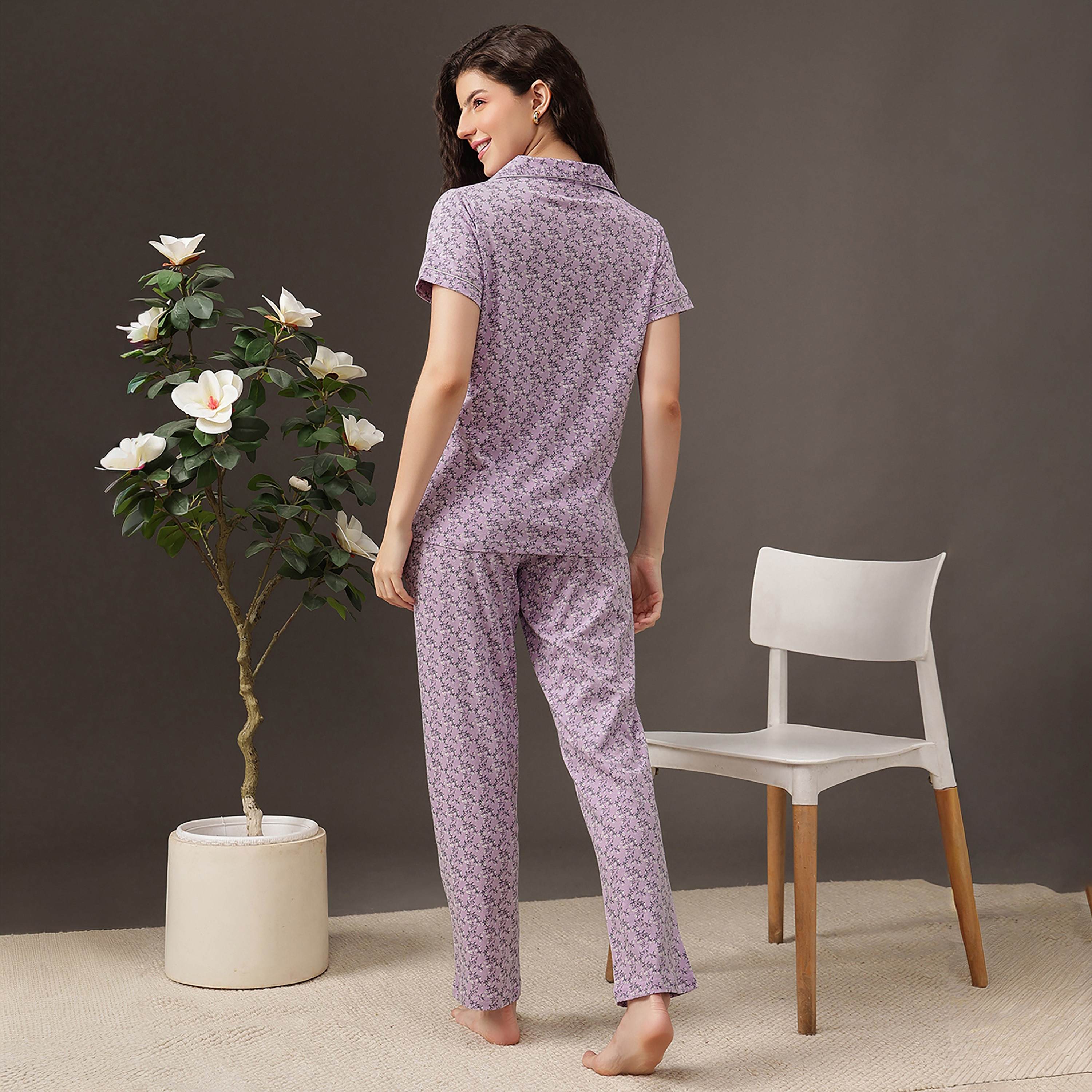 Clovia Floral Print Button-Down Women's Shirt & Pyjama Set in Lilac Colour - 100% Cotton-women-clothing-nightwear-pyjamas-longsets-image-4