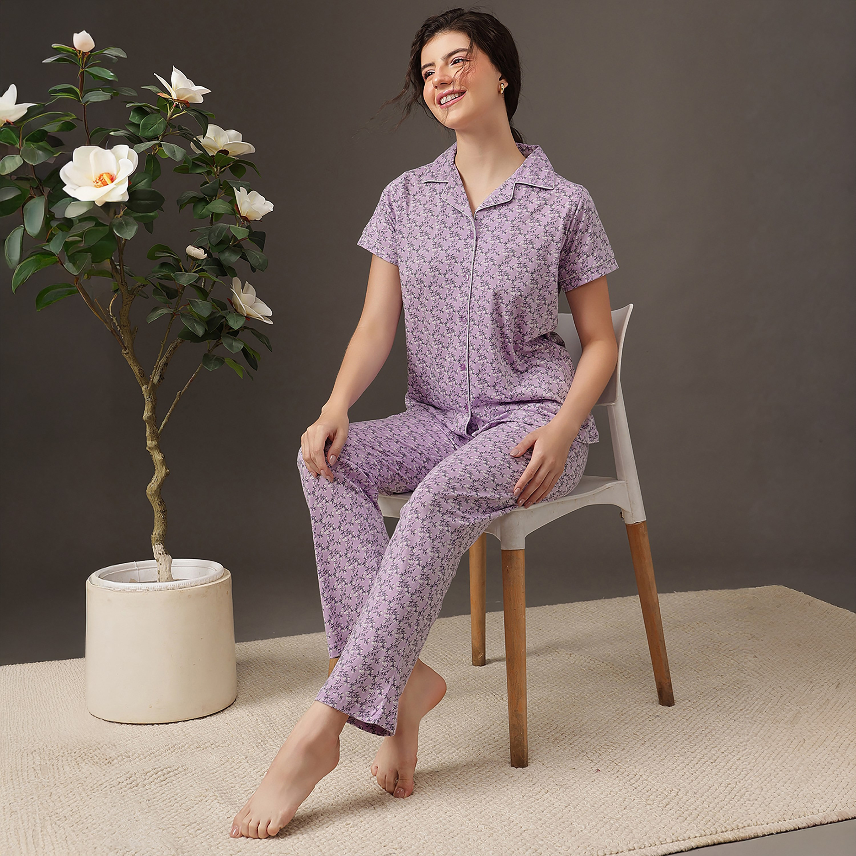 Clovia Floral Print Button-Down Women's Shirt & Pyjama Set in Lilac Colour - 100% Cotton-women-clothing-nightwear-pyjamas-longsets-image-5