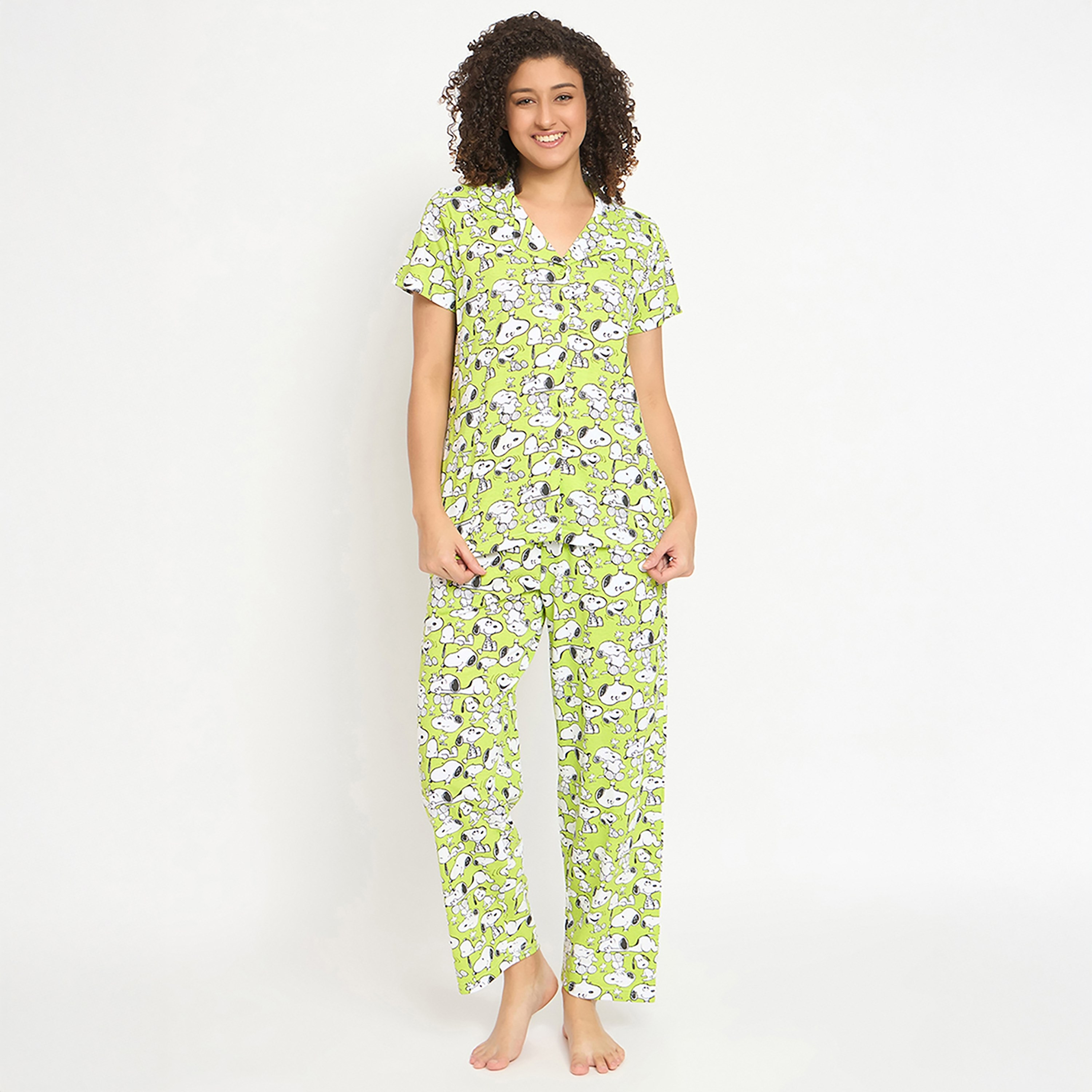 Clovia Peanuts Snoopy Printed Button Down Women's Shirt & Pyjama Set in Light Green - 100% Cotton-women-clothing-nightwear-pyjamas-longsets-image-1