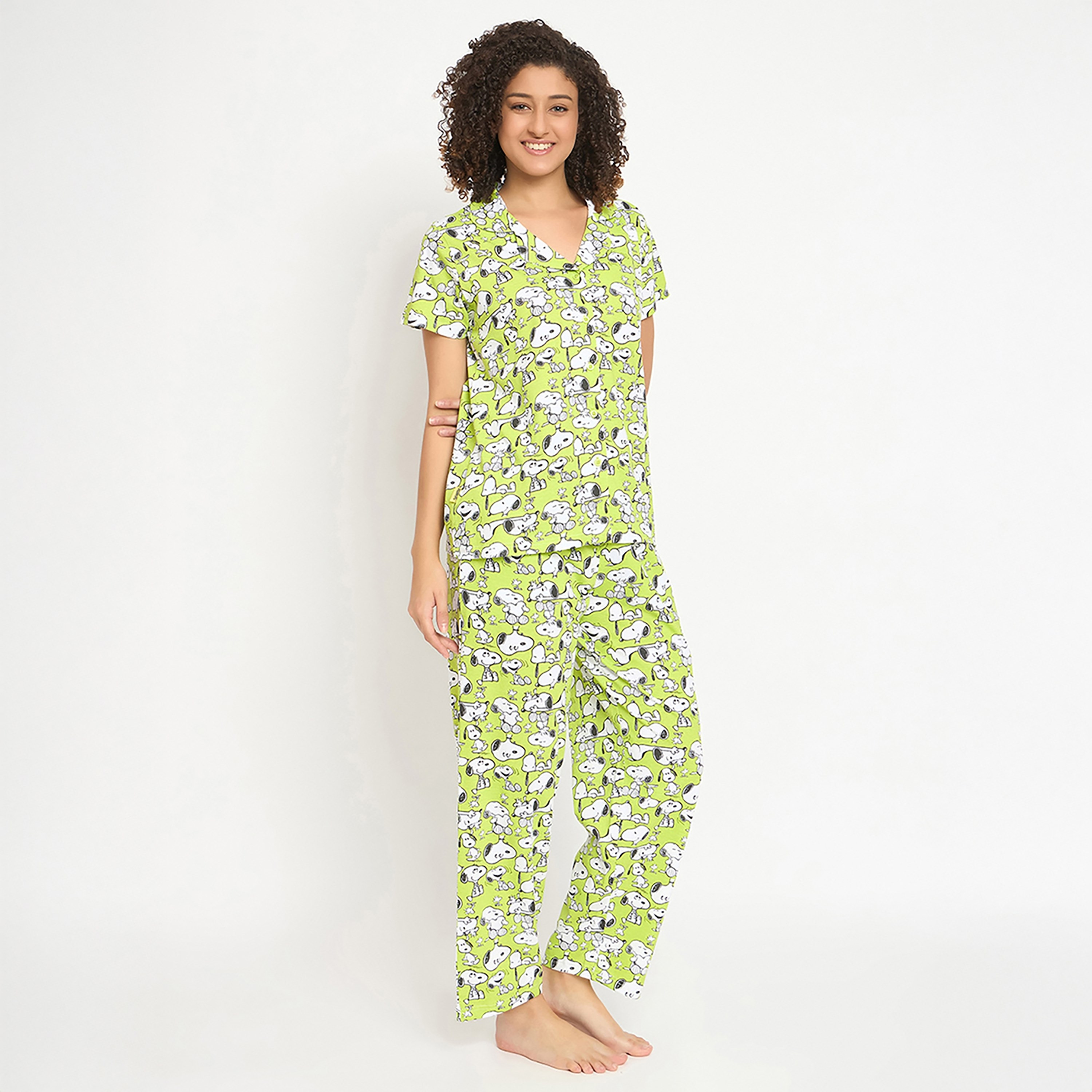 Clovia Peanuts Snoopy Printed Button Down Women's Shirt & Pyjama Set in Light Green - 100% Cotton-women-clothing-nightwear-pyjamas-longsets-image-3
