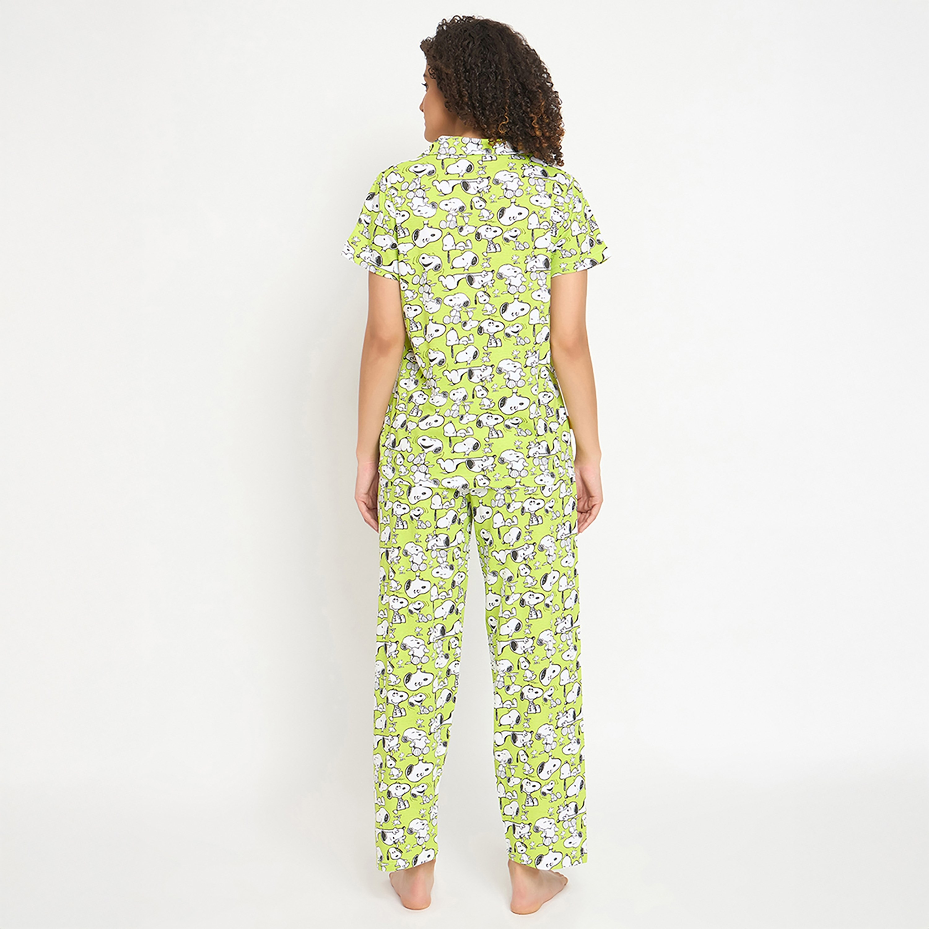 Clovia Peanuts Snoopy Printed Button Down Women's Shirt & Pyjama Set in Light Green - 100% Cotton-women-clothing-nightwear-pyjamas-longsets-image-4
