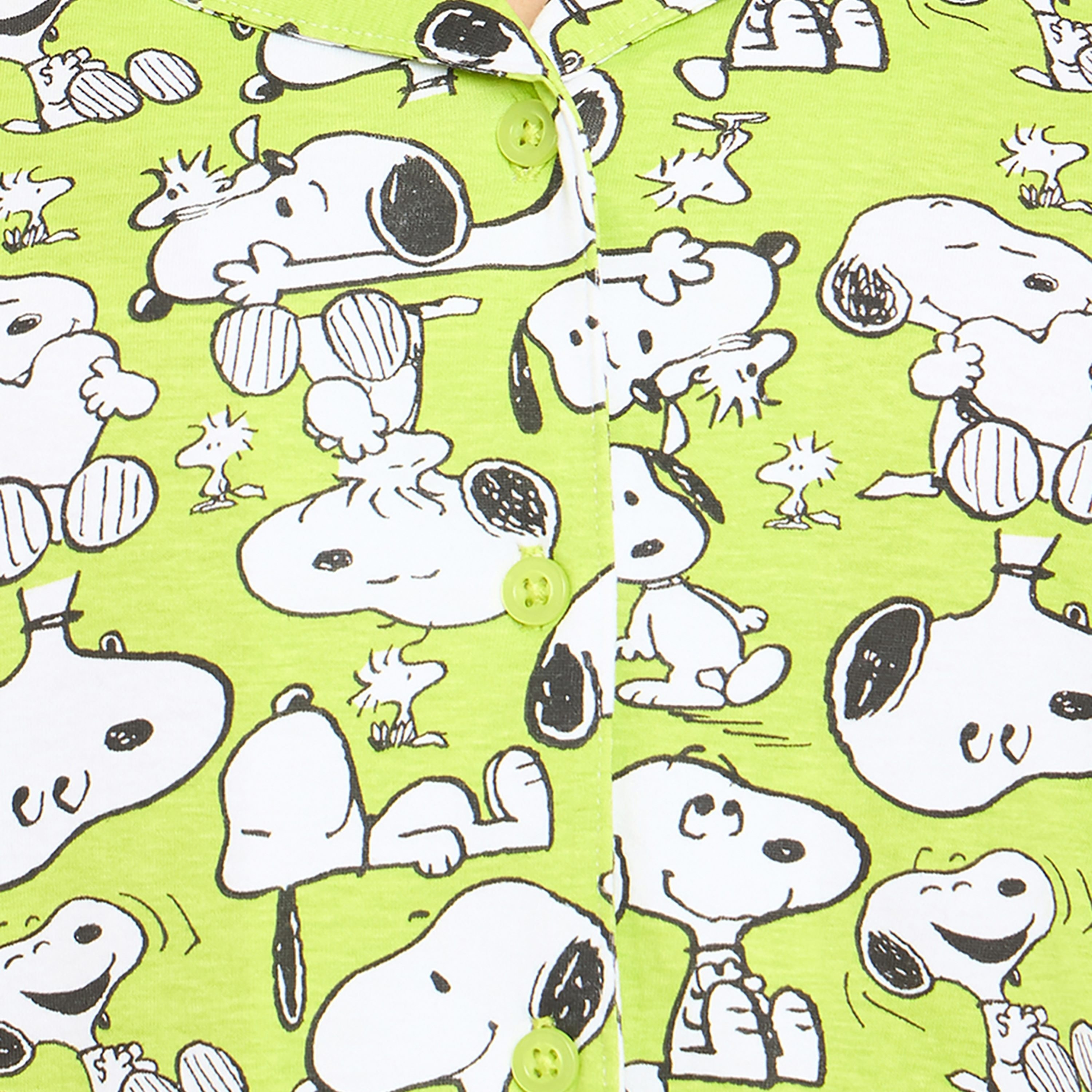 Clovia Peanuts Snoopy Printed Button Down Women's Shirt & Pyjama Set in Light Green - 100% Cotton-women-clothing-nightwear-pyjamas-longsets-image-6