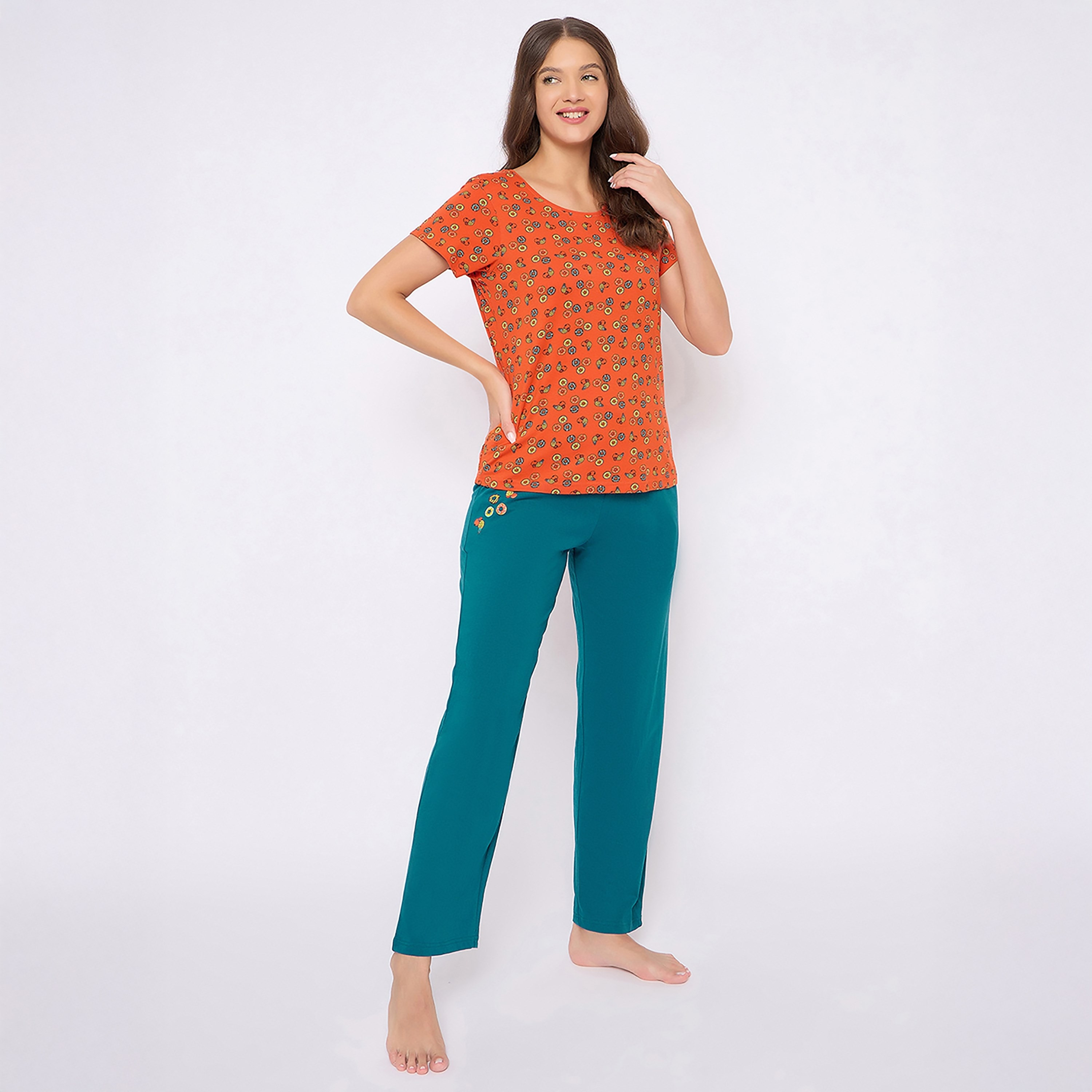 Clovia Donut Printed Women's Top & Pyjama Set in Orange - 100% Cotton-women-clothing-nightwear-pyjamas-longsets-image-3