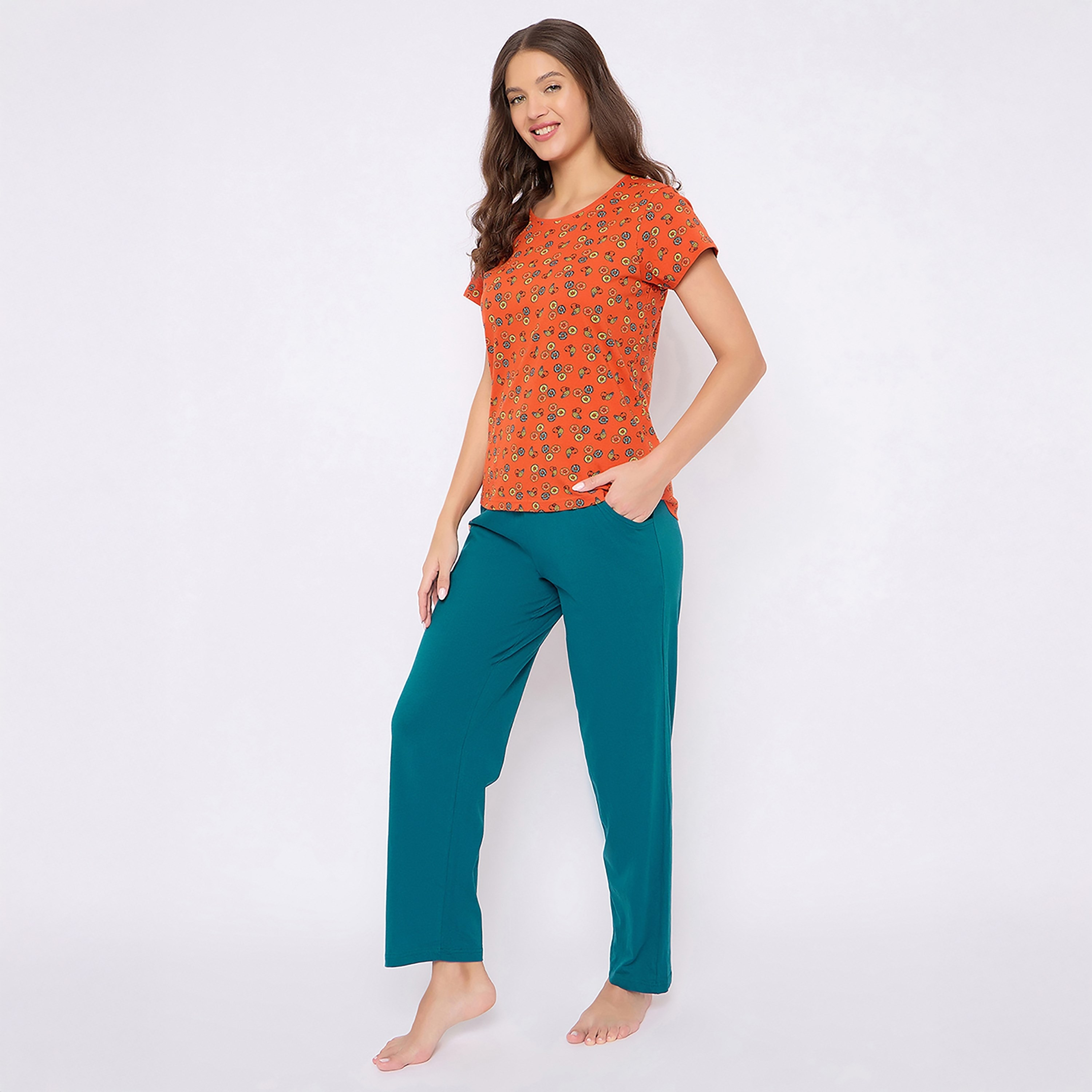 Clovia Donut Printed Women's Top & Pyjama Set in Orange - 100% Cotton-women-clothing-nightwear-pyjamas-longsets-image-4