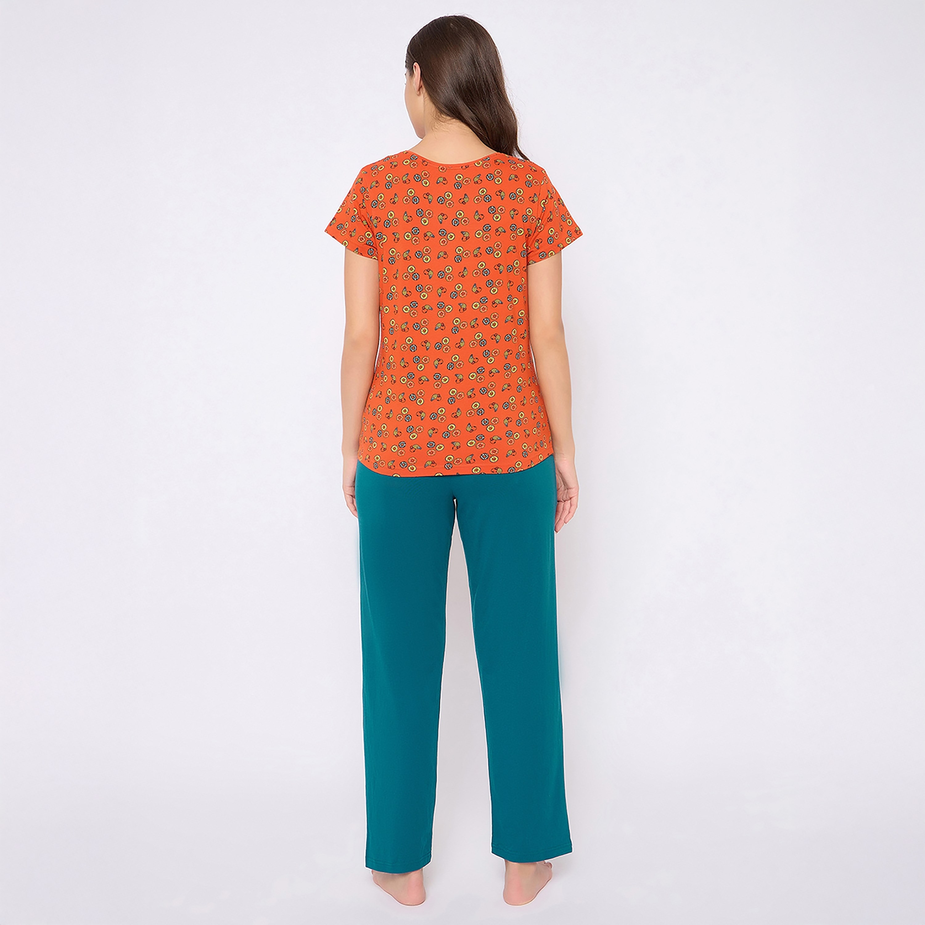 Clovia Donut Printed Women's Top & Pyjama Set in Orange - 100% Cotton-women-clothing-nightwear-pyjamas-longsets-image-5