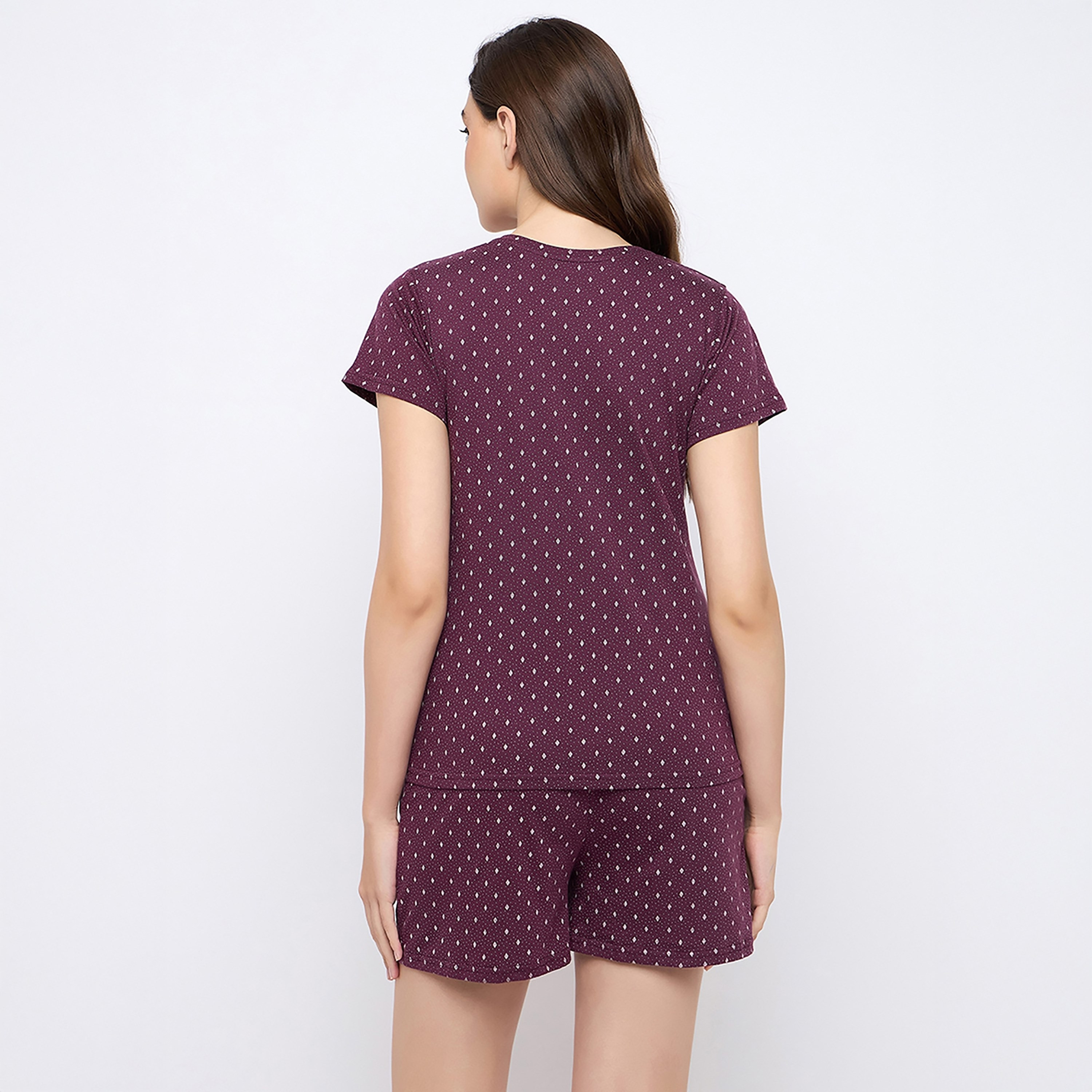 طقم بلوزة وشورت نسائي مطبوع باللون النبيذي من كلوفيا - 100% قطن-women-clothing-nightwear-pyjamas-shortsets-image-4
