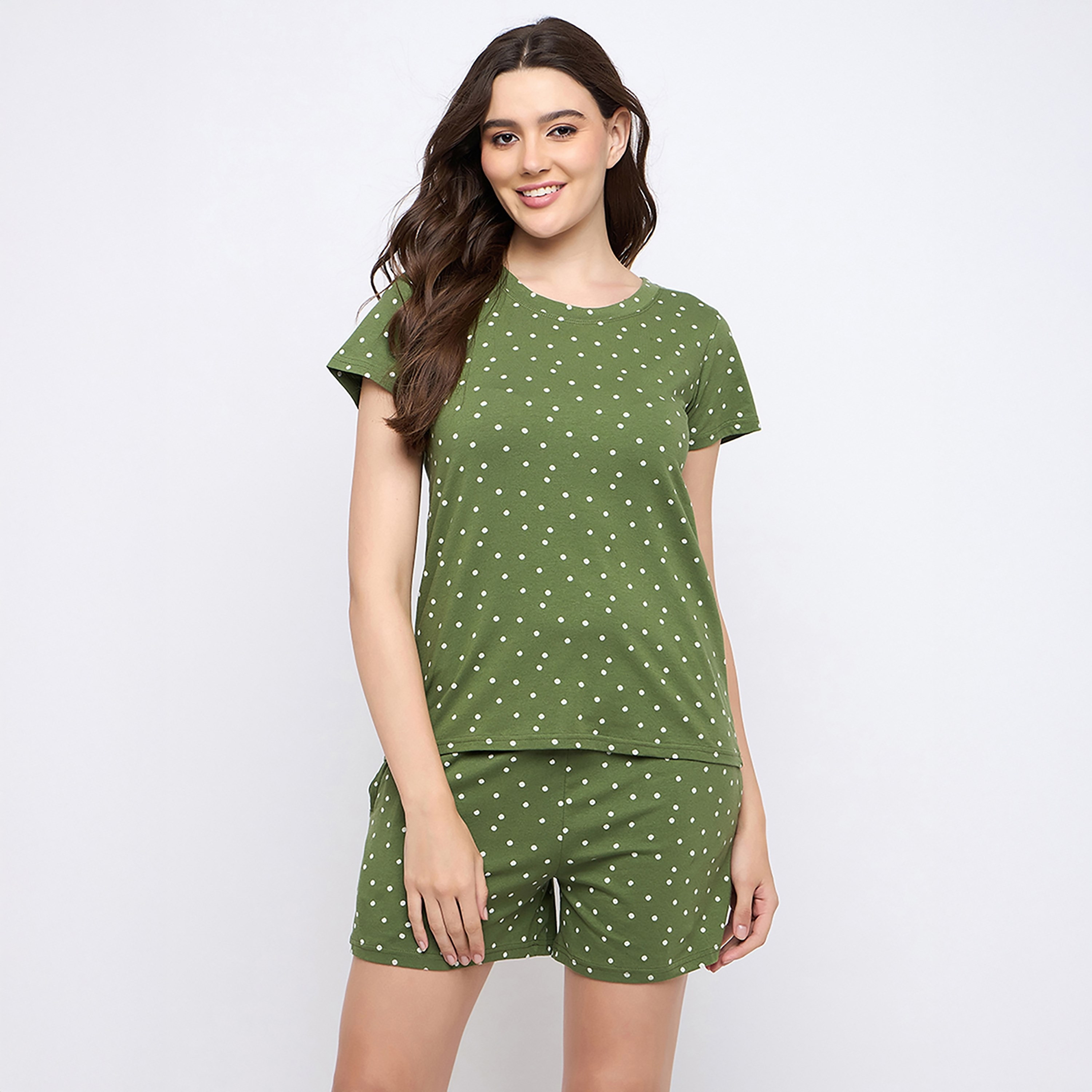 Clovia Polka Printed Women's Top & Shorts Set in Sage Green- Cotton-women-clothing-nightwear-pyjamas-shortsets-image-1
