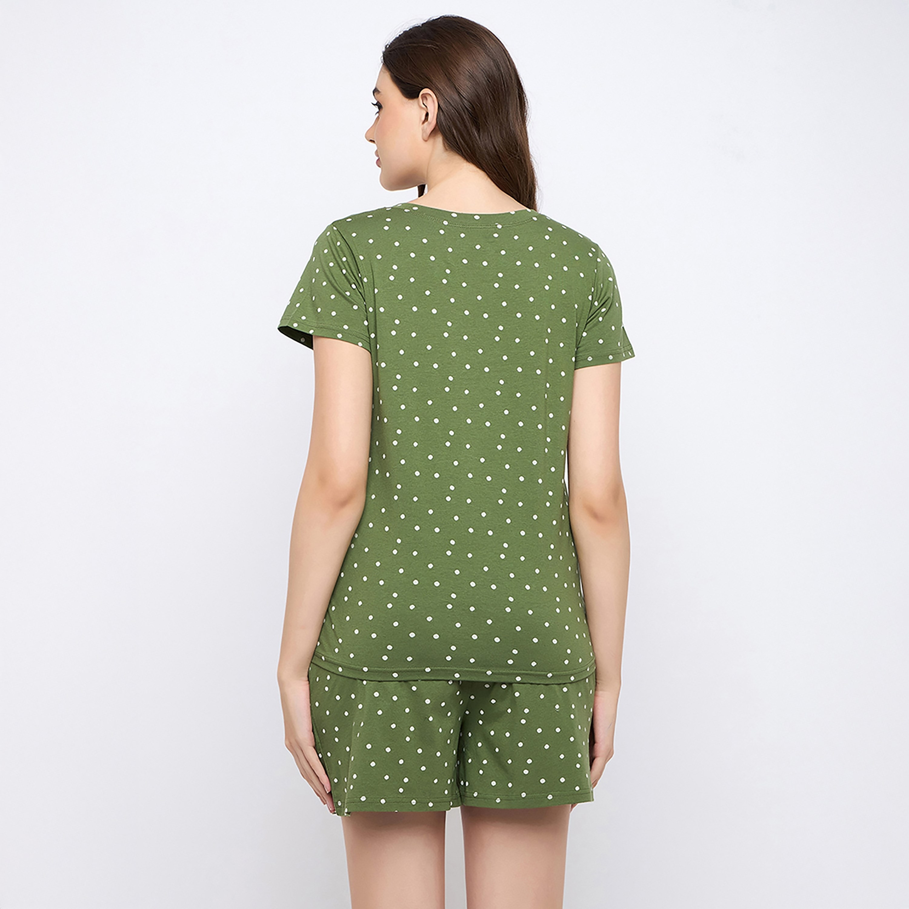 Clovia Polka Printed Women's Top & Shorts Set in Sage Green- Cotton-women-clothing-nightwear-pyjamas-shortsets-image-4