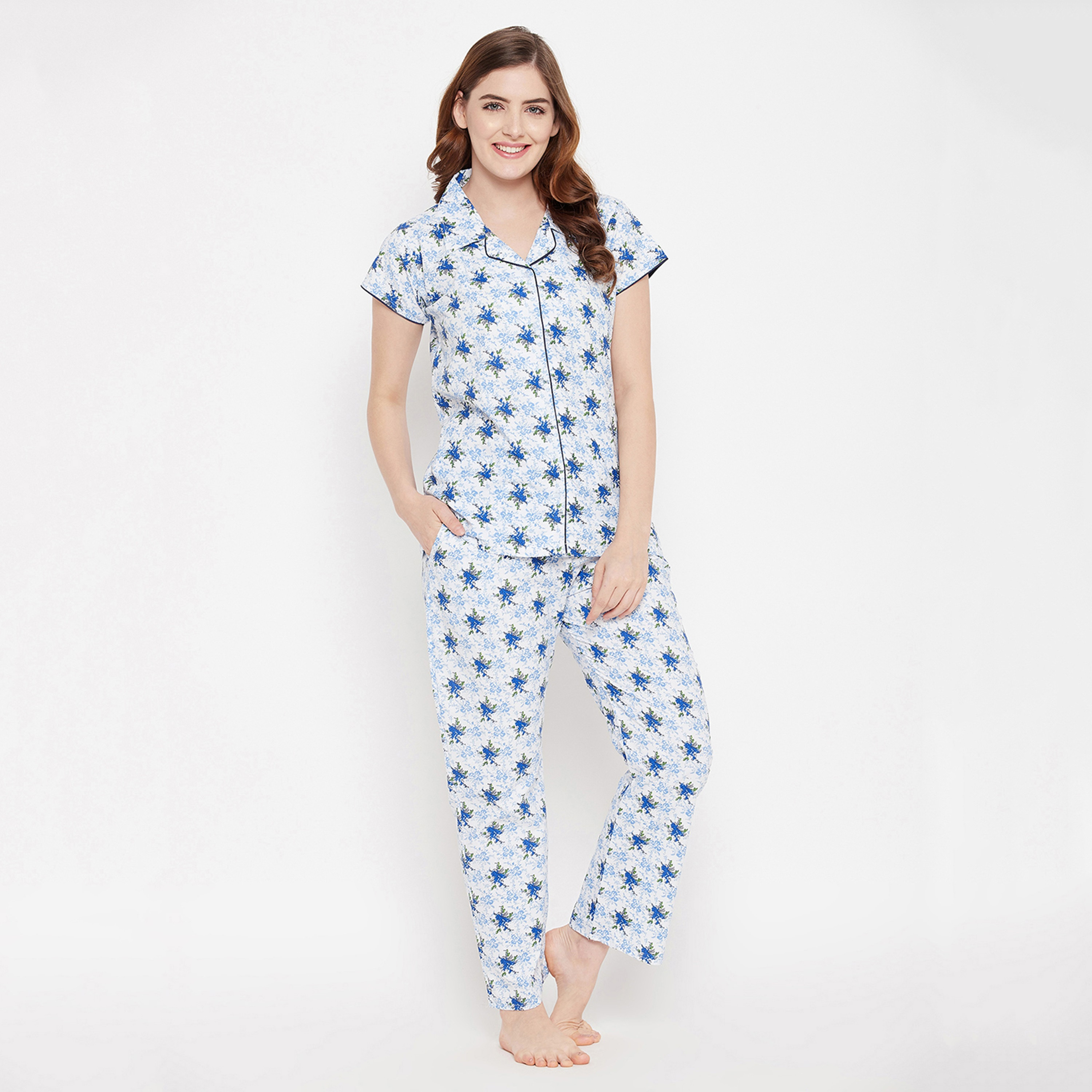 Clovia Pretty Florals Button Down Women's Night Suit in Blue & Green - Cotton Rich-women-clothing-nightwear-pyjamas-longsets-image-3