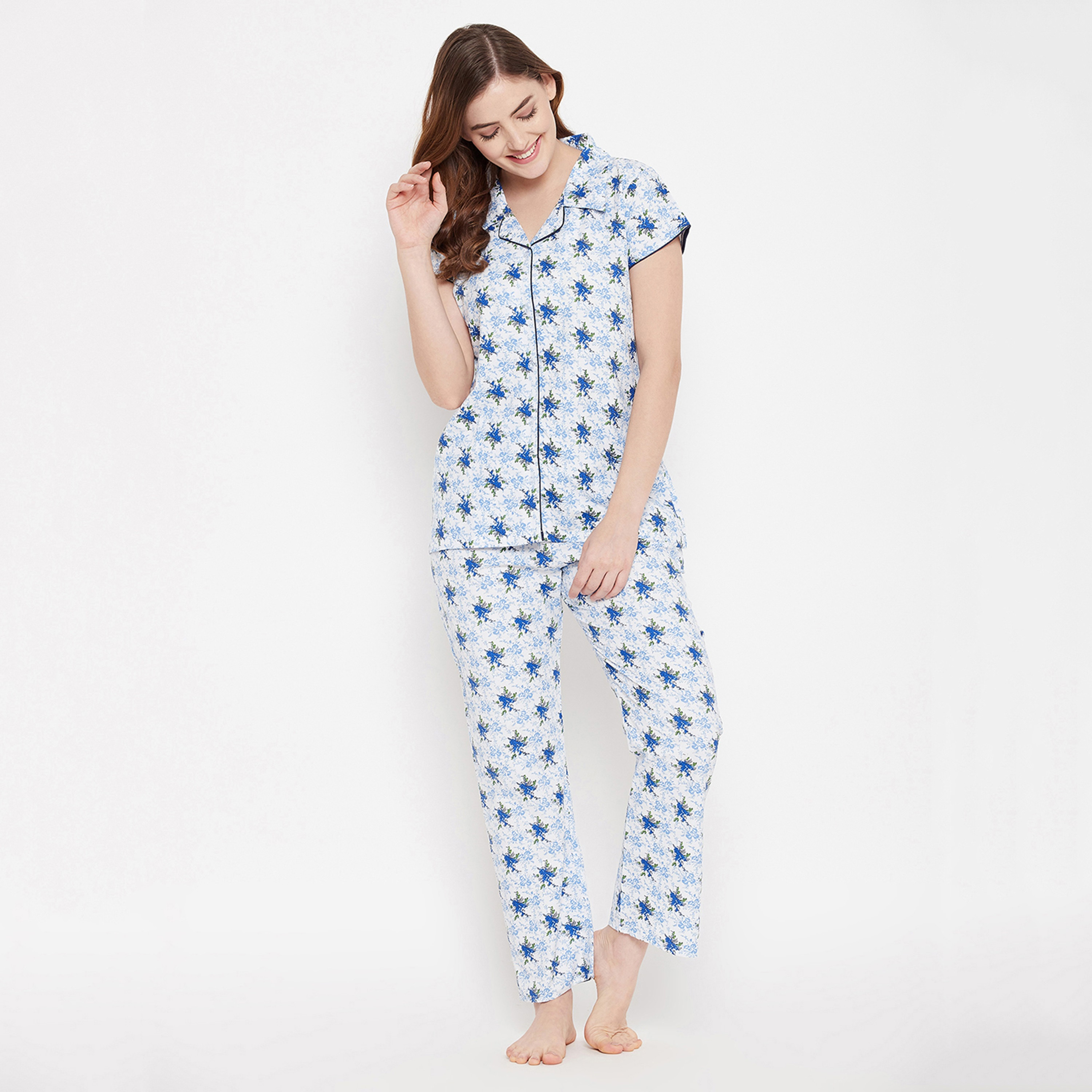 Clovia Pretty Florals Button Down Women's Night Suit in Blue & Green - Cotton Rich-women-clothing-nightwear-pyjamas-longsets-image-5
