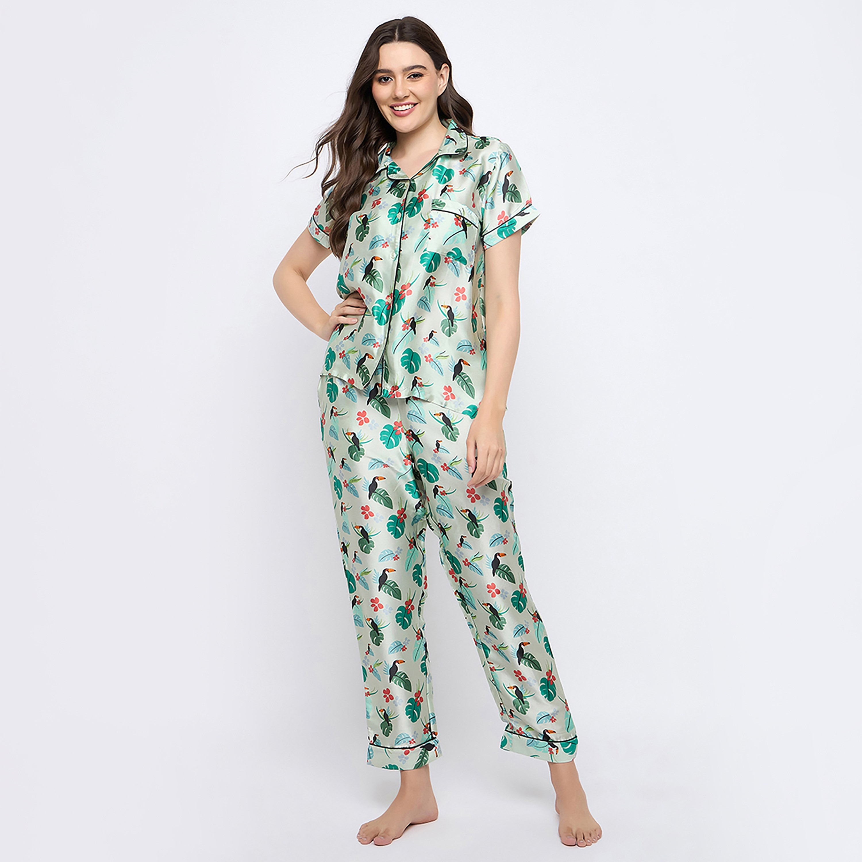 Clovia Tropical Printed Button Down Women's Shirt & Pyjama Set in Pastel Green- Satin-women-clothing-nightwear-pyjamas-longsets-image-1